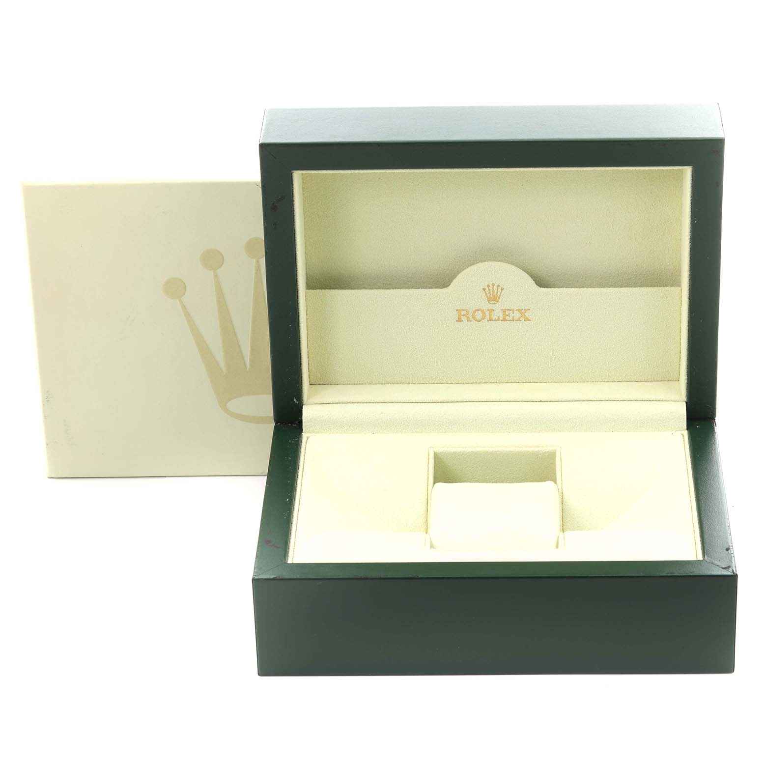 The image shows an open watch box for the Rolex Oyster Perpetual 116034 Men's Stainless Steel Silver Dial 116034 Men's Stainless Steel Silver Dial, featuring the interior and logo.