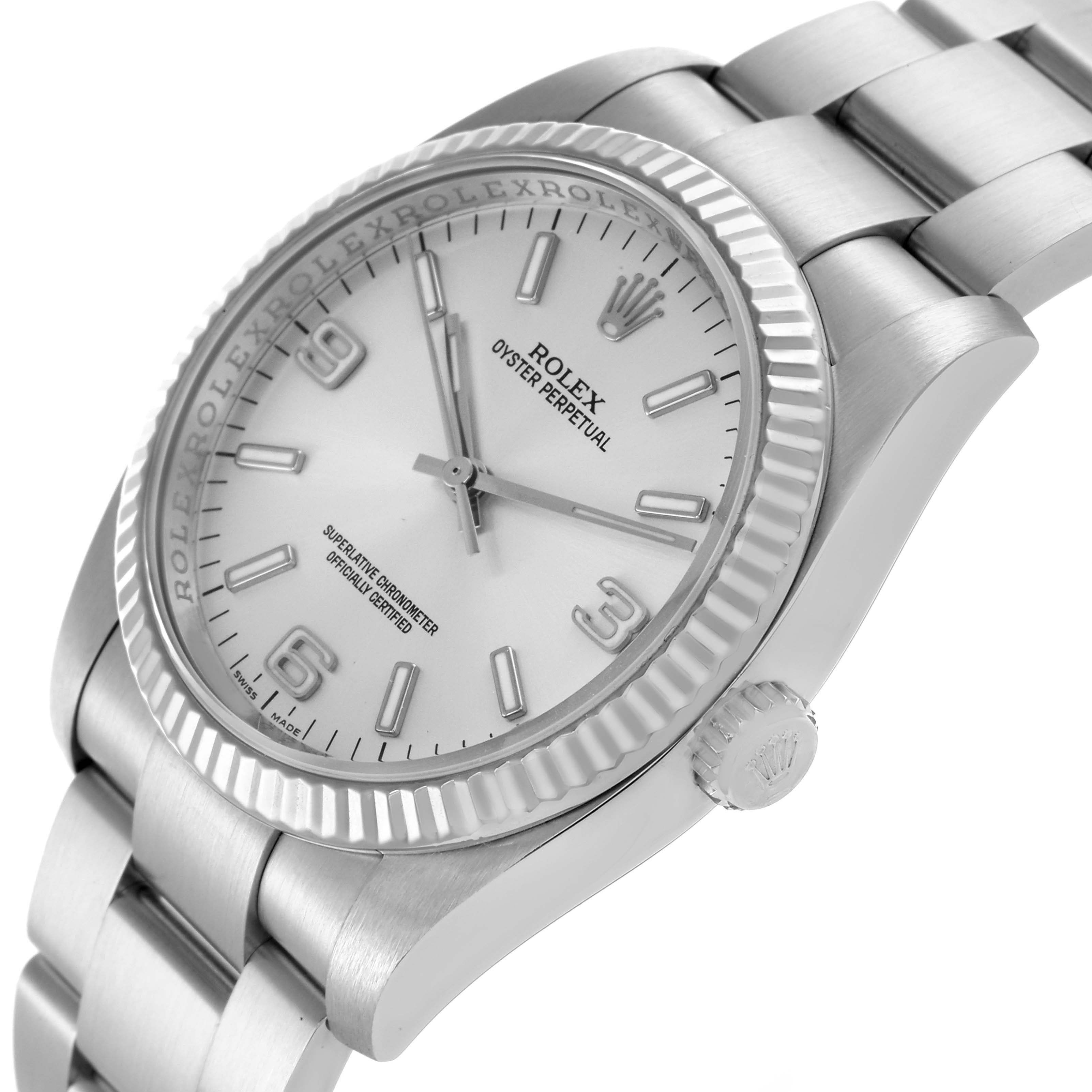 The Rolex Oyster Perpetual 116034 Men's Stainless Steel Silver Dial 116034 Men's Stainless Steel Silver Dial watch is shown at a slight side angle, highlighting the face, bezel, and bracelet links.