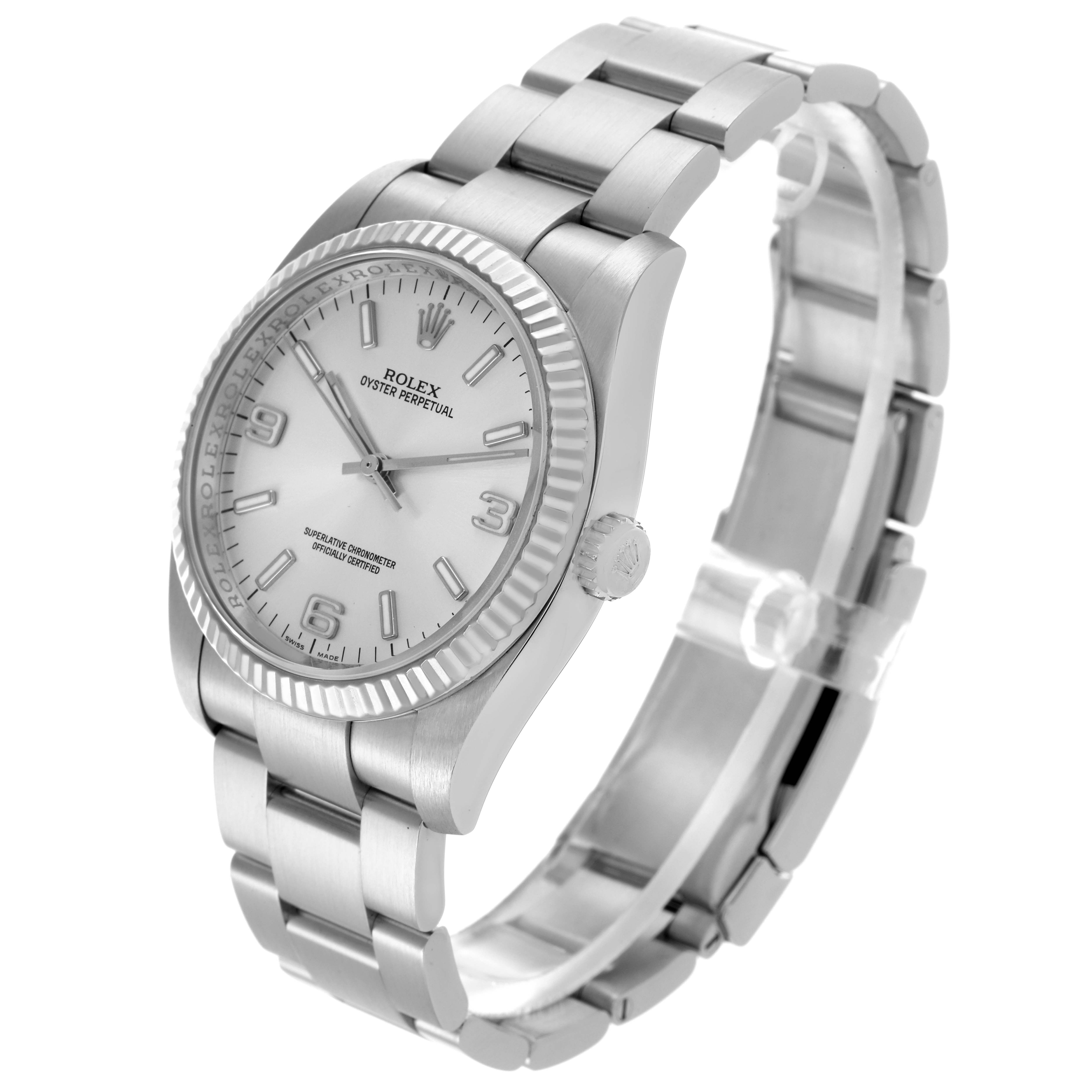 The Rolex Oyster Perpetual 116034 Men's Stainless Steel Silver Dial 116034 Men's Stainless Steel Silver Dial watch is shown at an angled view highlighting the face, bezel, crown, and bracelet.