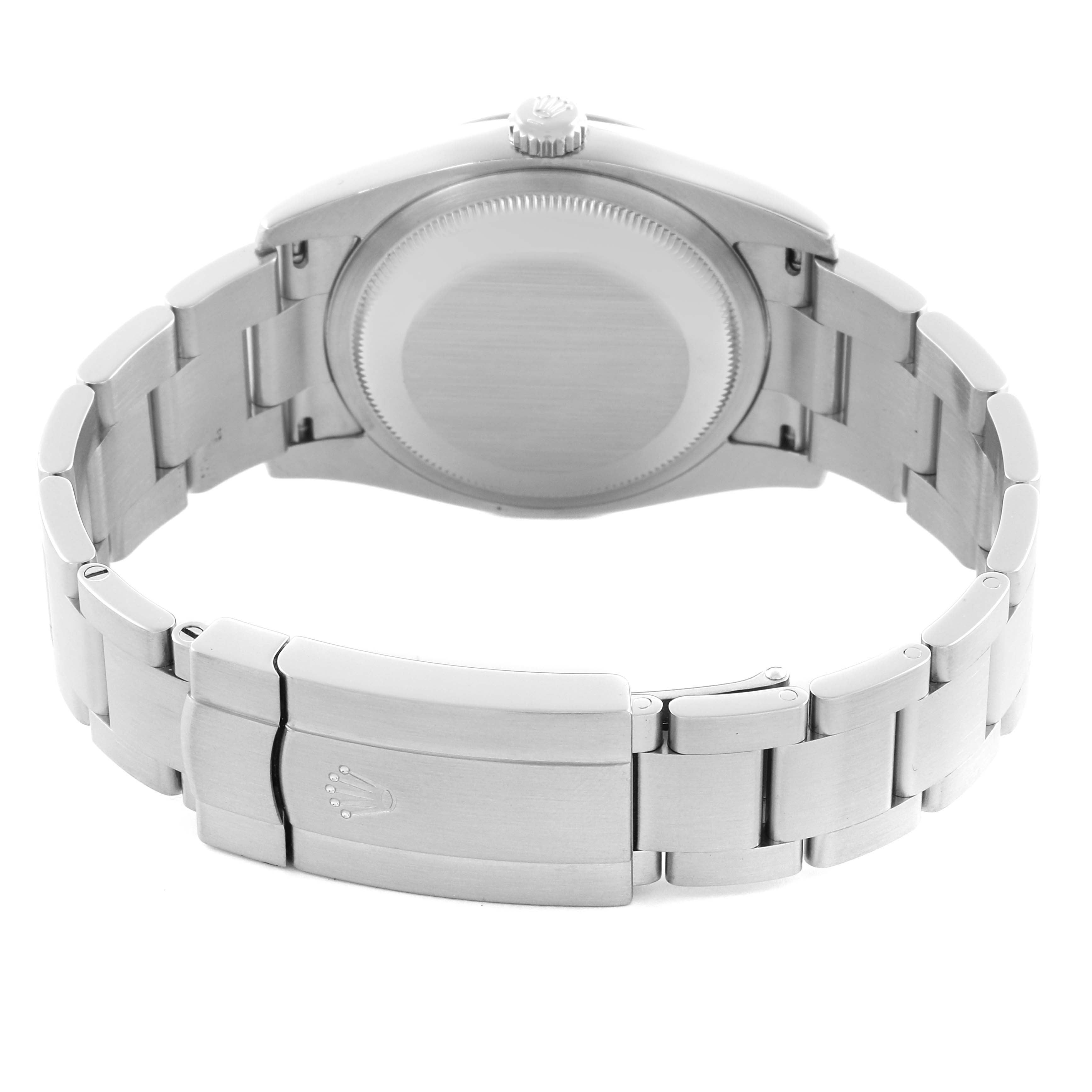 The image shows the back case and bracelet of a Rolex Oyster Perpetual 116034 Men's Stainless Steel Silver Dial 116034 Men's Stainless Steel Silver Dial watch viewed from behind.