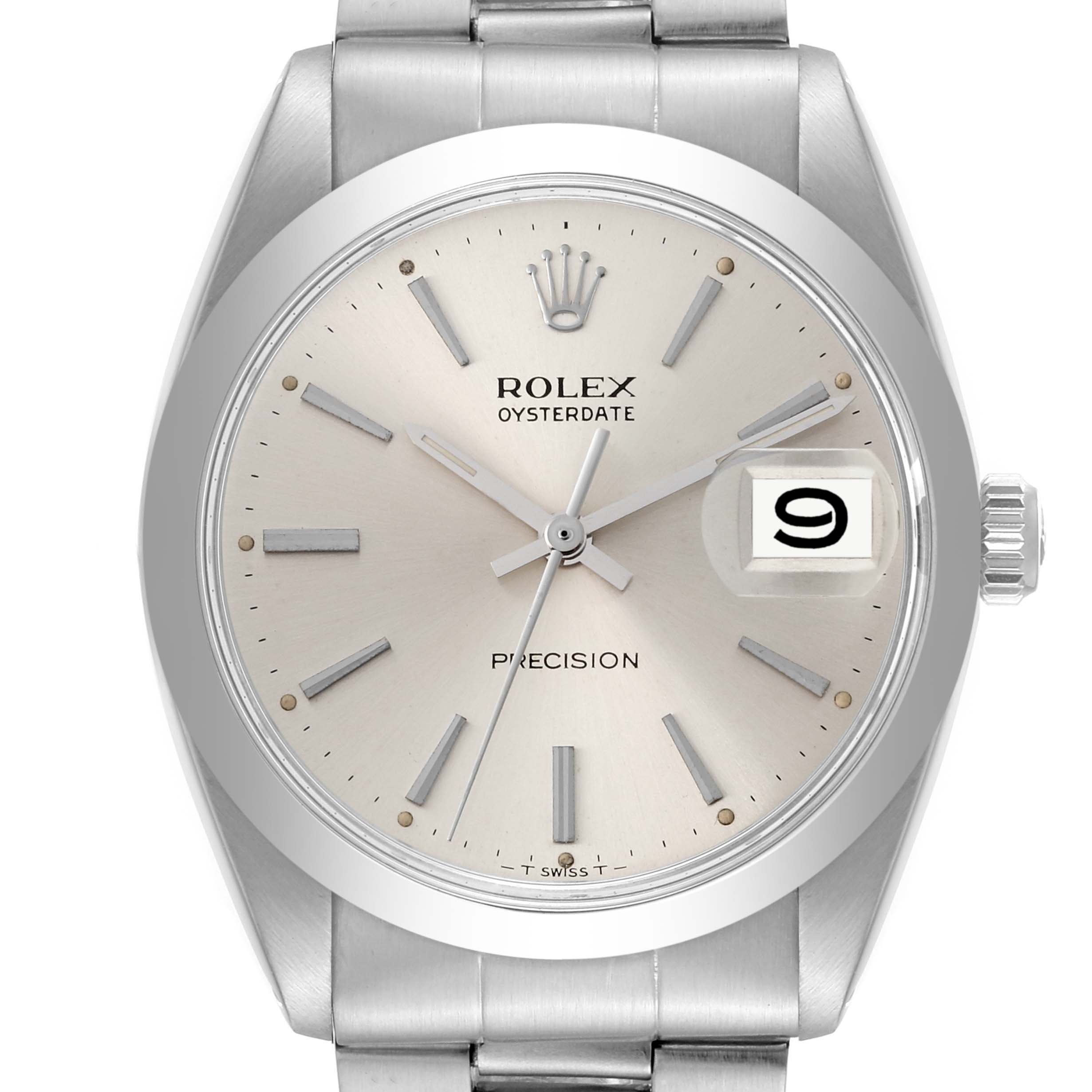 The image shows a front view of the dial, case, and bracelet of a Vintage Collection Rolex Oysterdate watch.