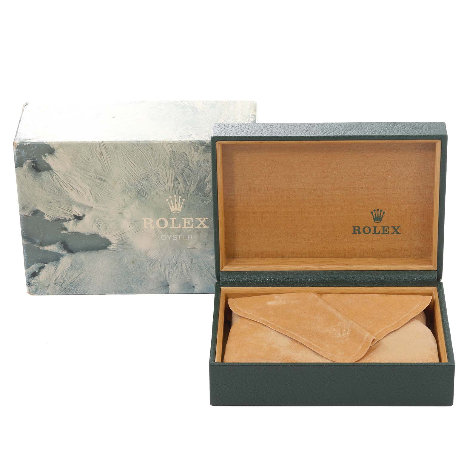 The image shows an open Rolex box with a Rolex Vintage Collection 6694 Men's Stainless Steel Silver Dial 6694 Men's Stainless Steel Silver Dial model watch pouch inside, viewed from the front angle.