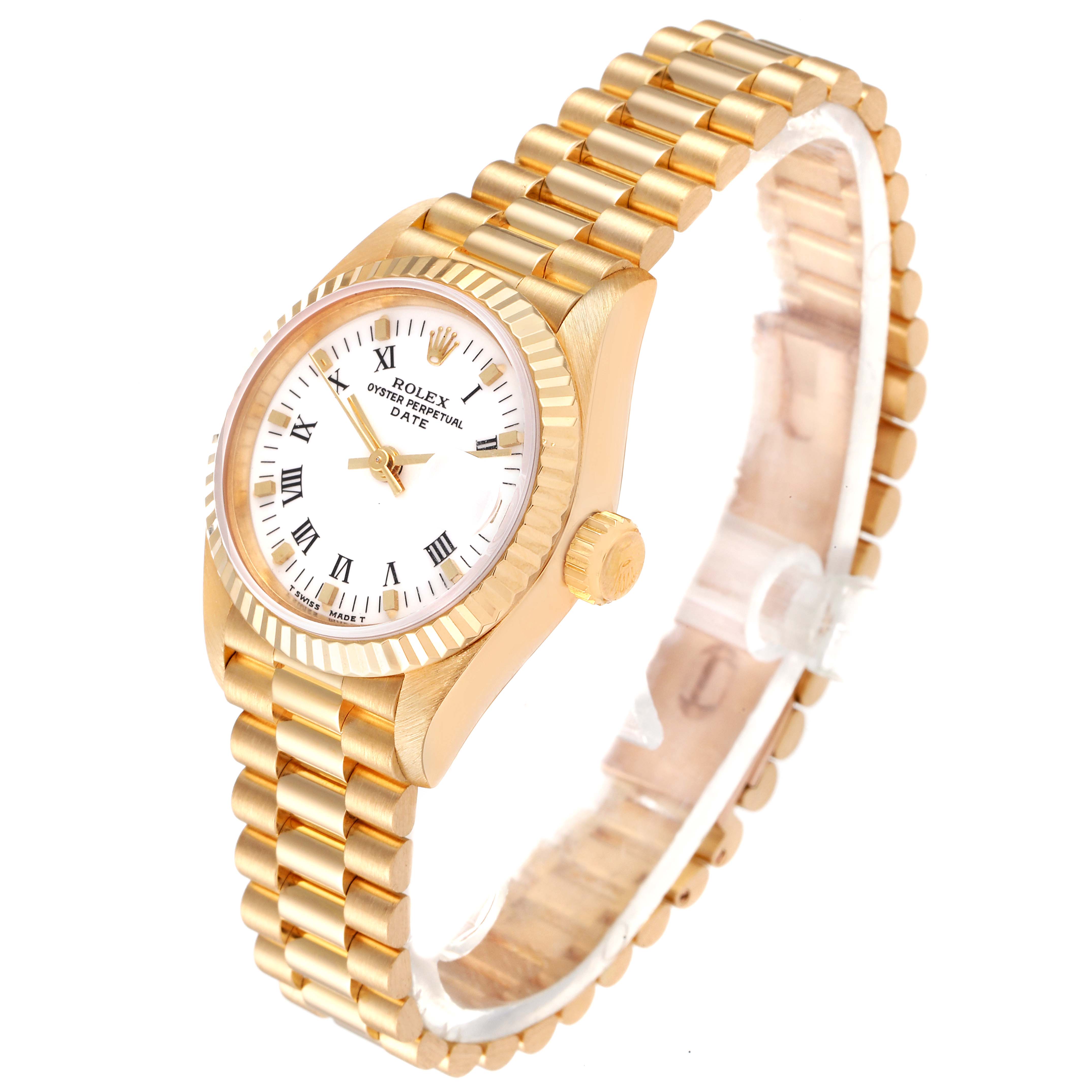 The image shows a side and front angle of the Rolex President 69178 Women's Yellow Gold White Dial 69178 Women's Yellow Gold White Dial model watch, showcasing its gold case, bracelet, and white dial.