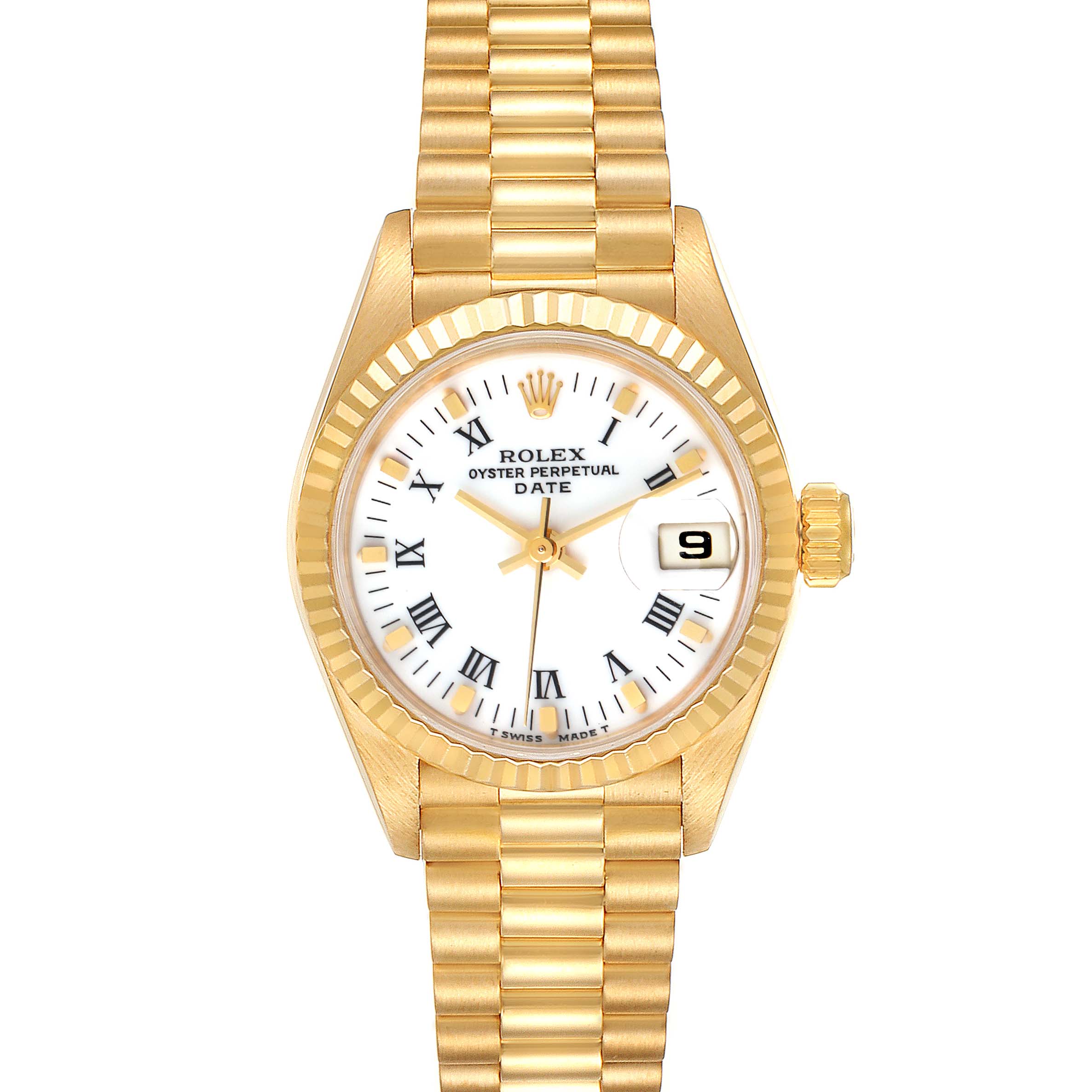 The image shows a front view of a Rolex President 69178 Women's Yellow Gold White Dial 69178 Women's Yellow Gold White Dial model watch, highlighting the face, bezel, and bracelet.