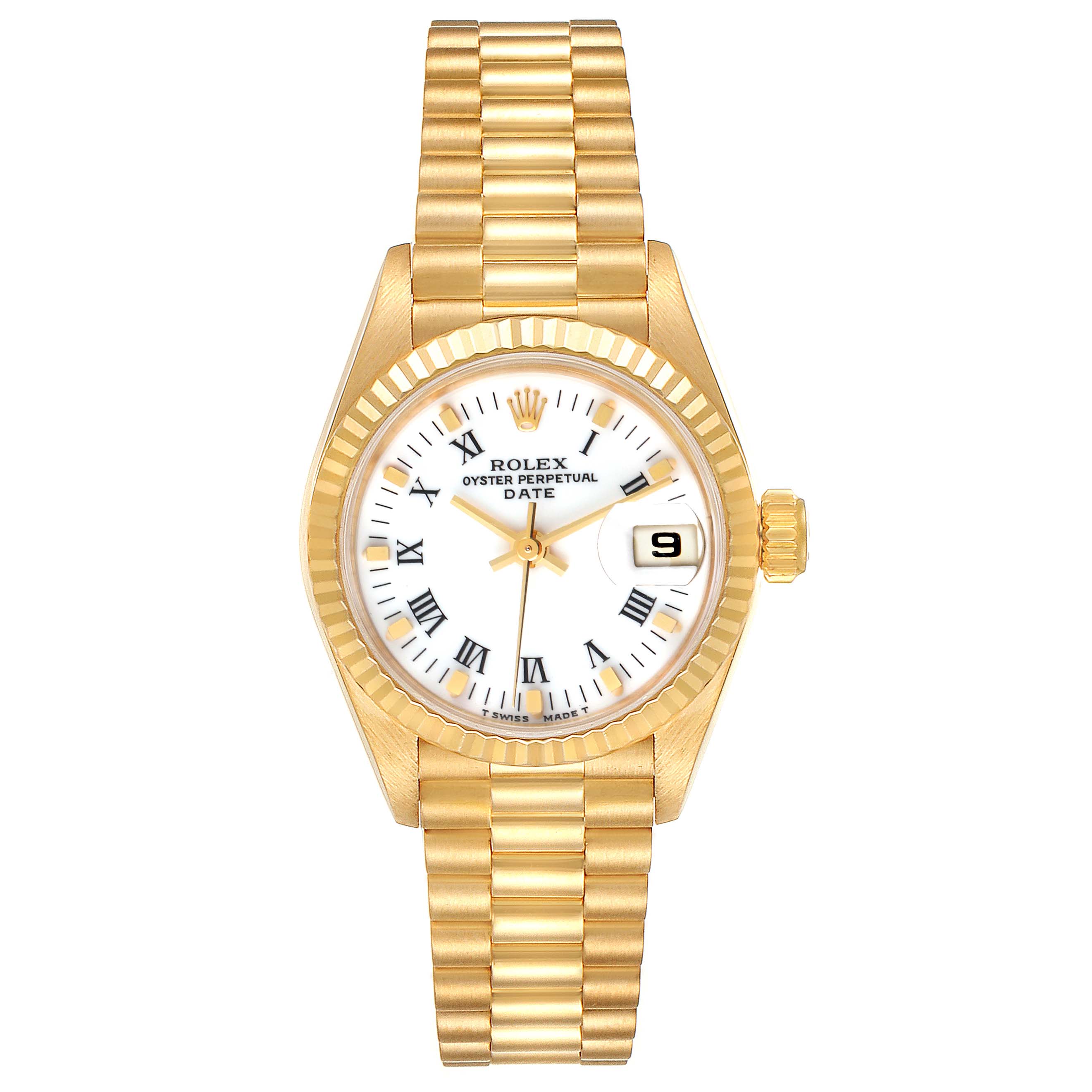 This image shows a frontal view of a Rolex President 69178 Women's Yellow Gold White Dial 69178 Women's Yellow Gold White Dial model, highlighting its gold case, dial, bracelet, and date window.