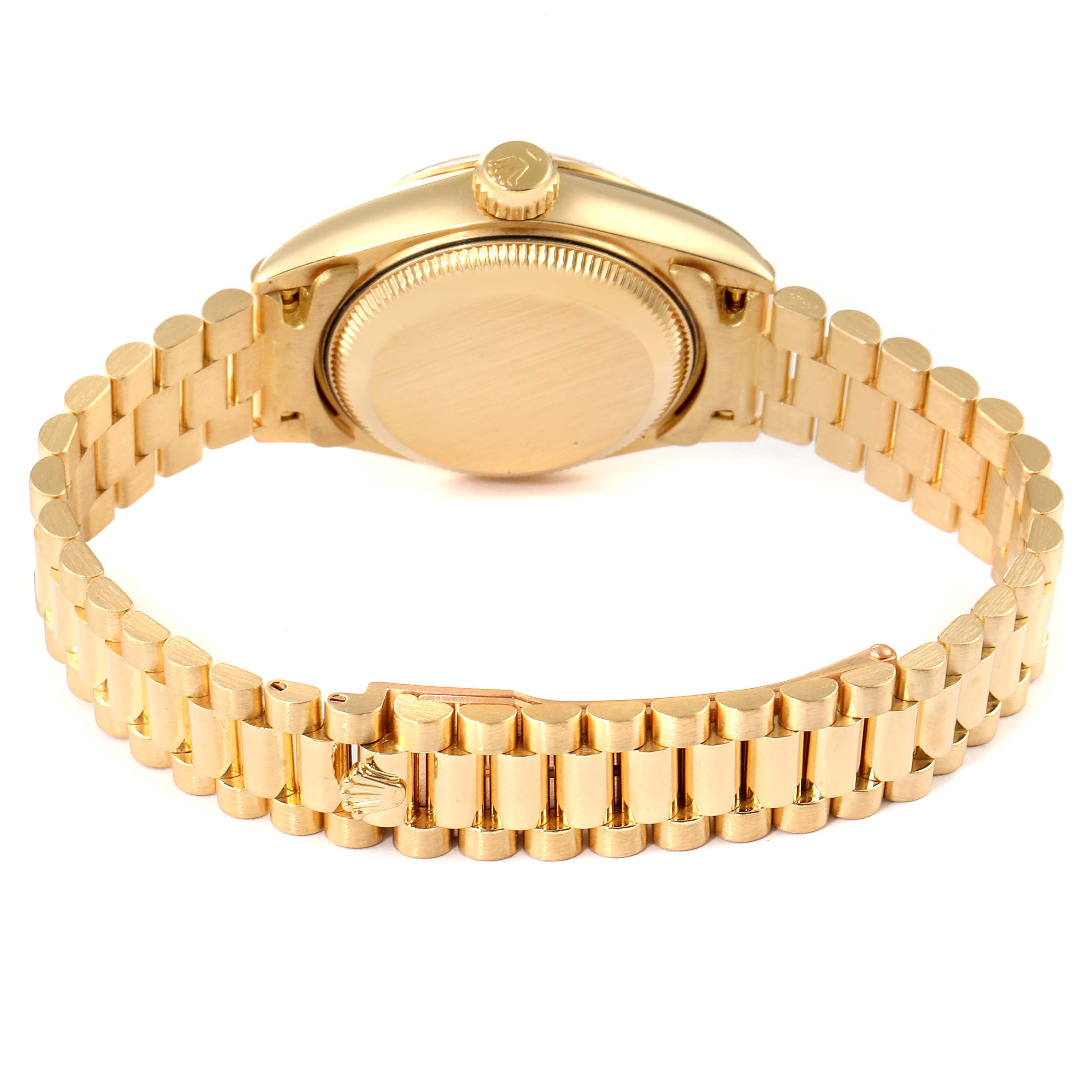 This image shows the back of a Rolex President 69178 Women's Yellow Gold White Dial 69178 Women's Yellow Gold White Dial model watch, highlighting the bracelet and clasp.