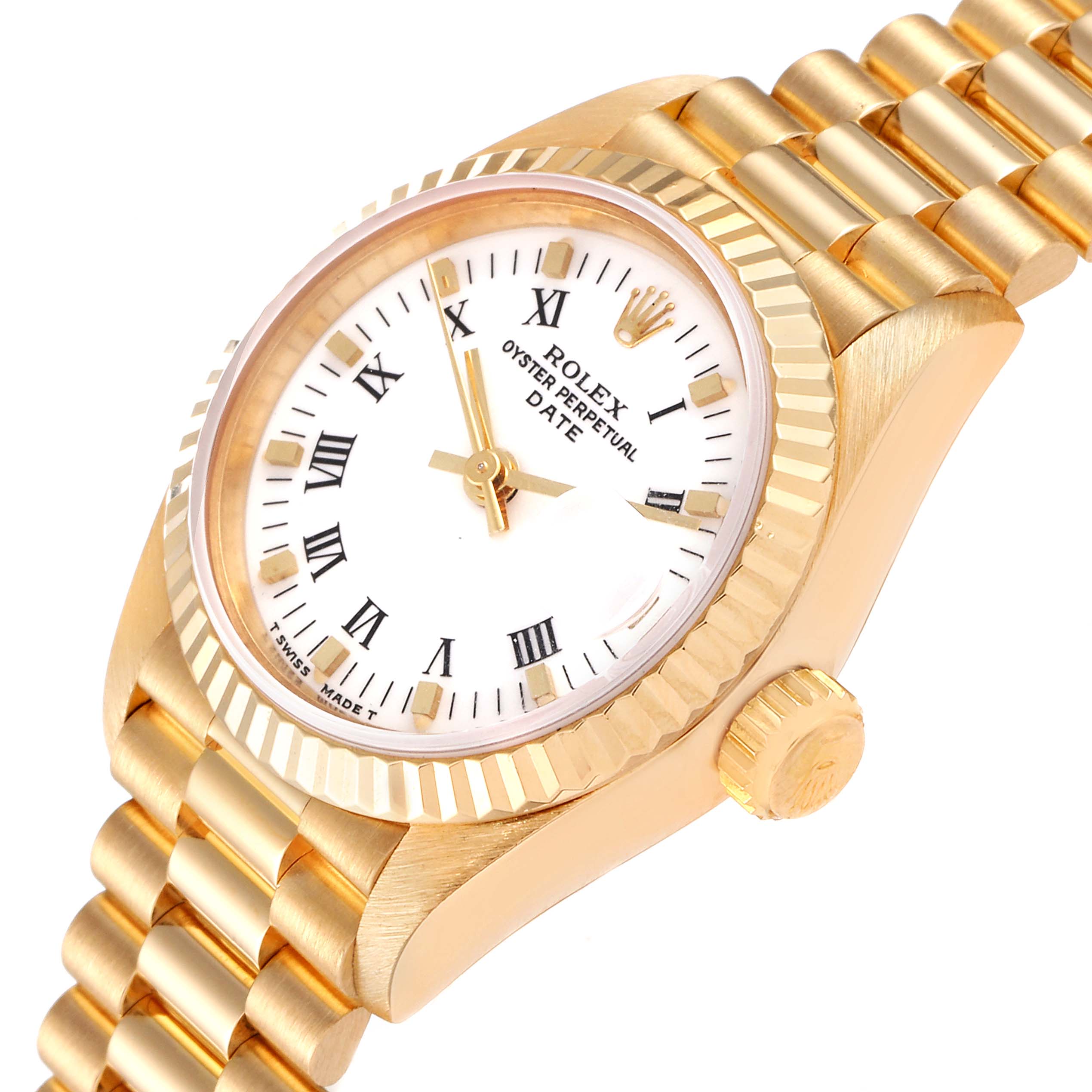 The image shows a close-up angle of a Rolex President 69178 Women's Yellow Gold White Dial 69178 Women's Yellow Gold White Dial model watch, showcasing the face, bezel, crown, and part of the strap.