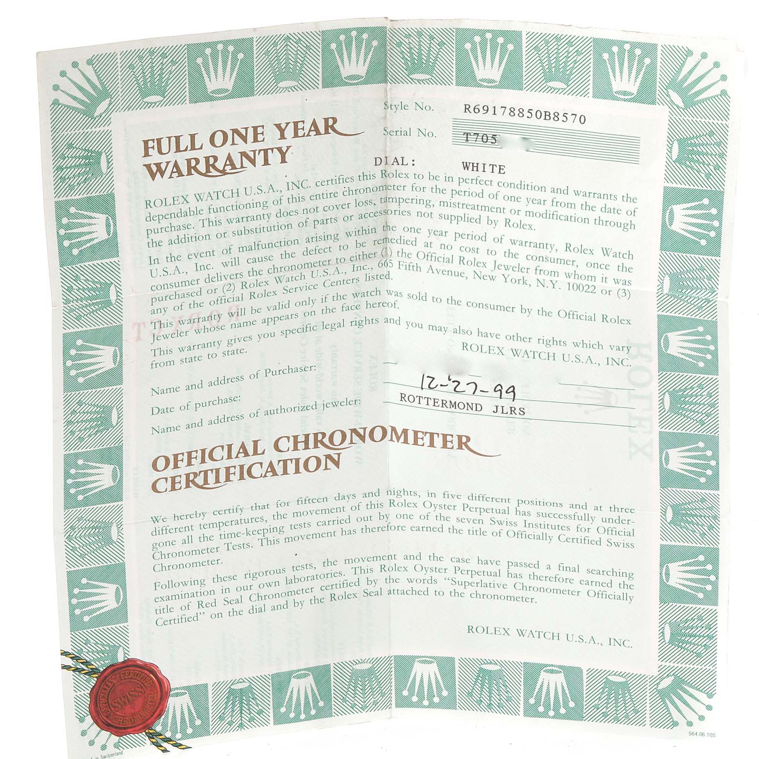 The image shows a warranty and certification document for a Rolex President 69178 Women's Yellow Gold White Dial 69178 Women's Yellow Gold White Dial model watch.