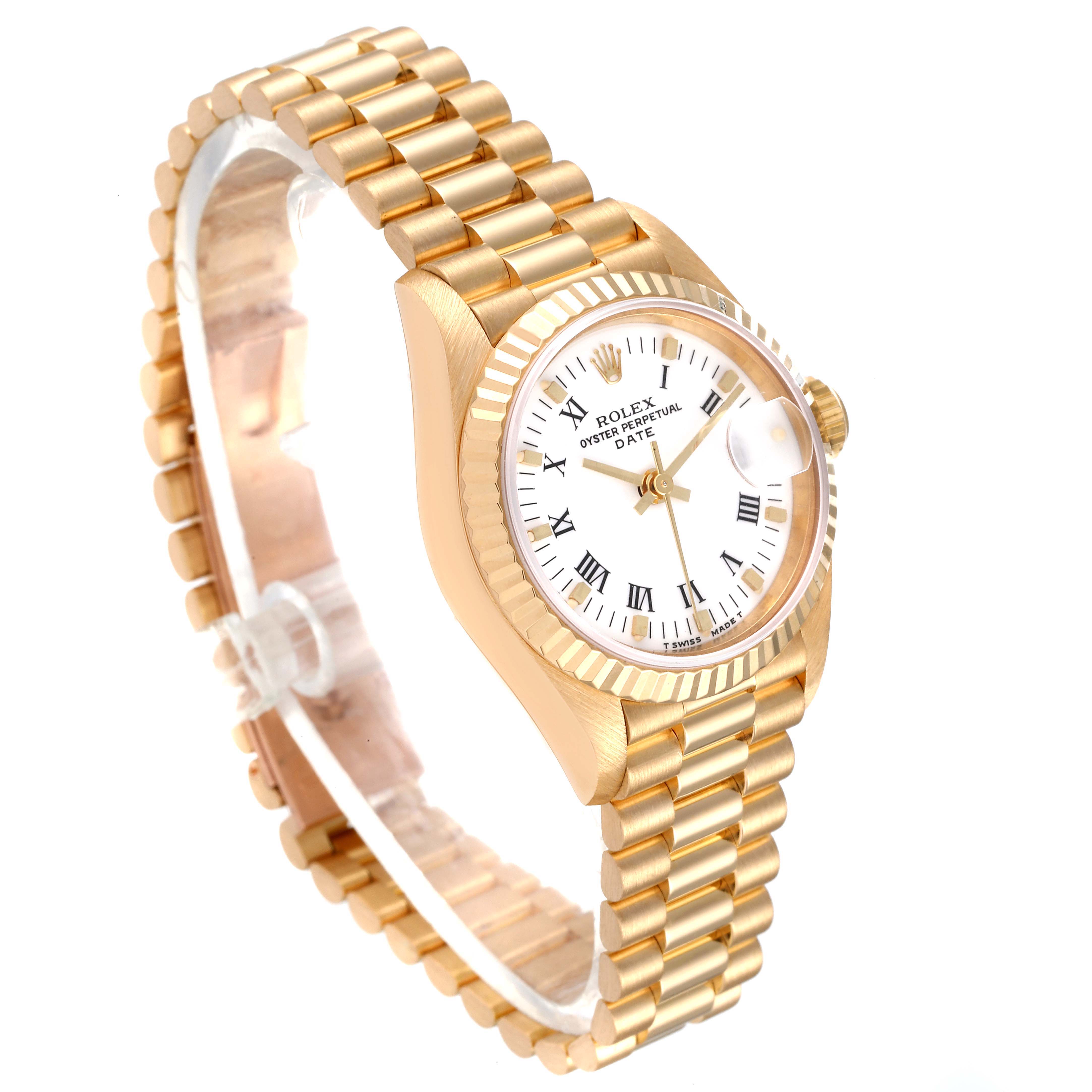 The image shows a Rolex President 69178 Women's Yellow Gold White Dial 69178 Women's Yellow Gold White Dial model watch at an angled view, highlighting its gold bracelet, white dial, and fluted bezel.