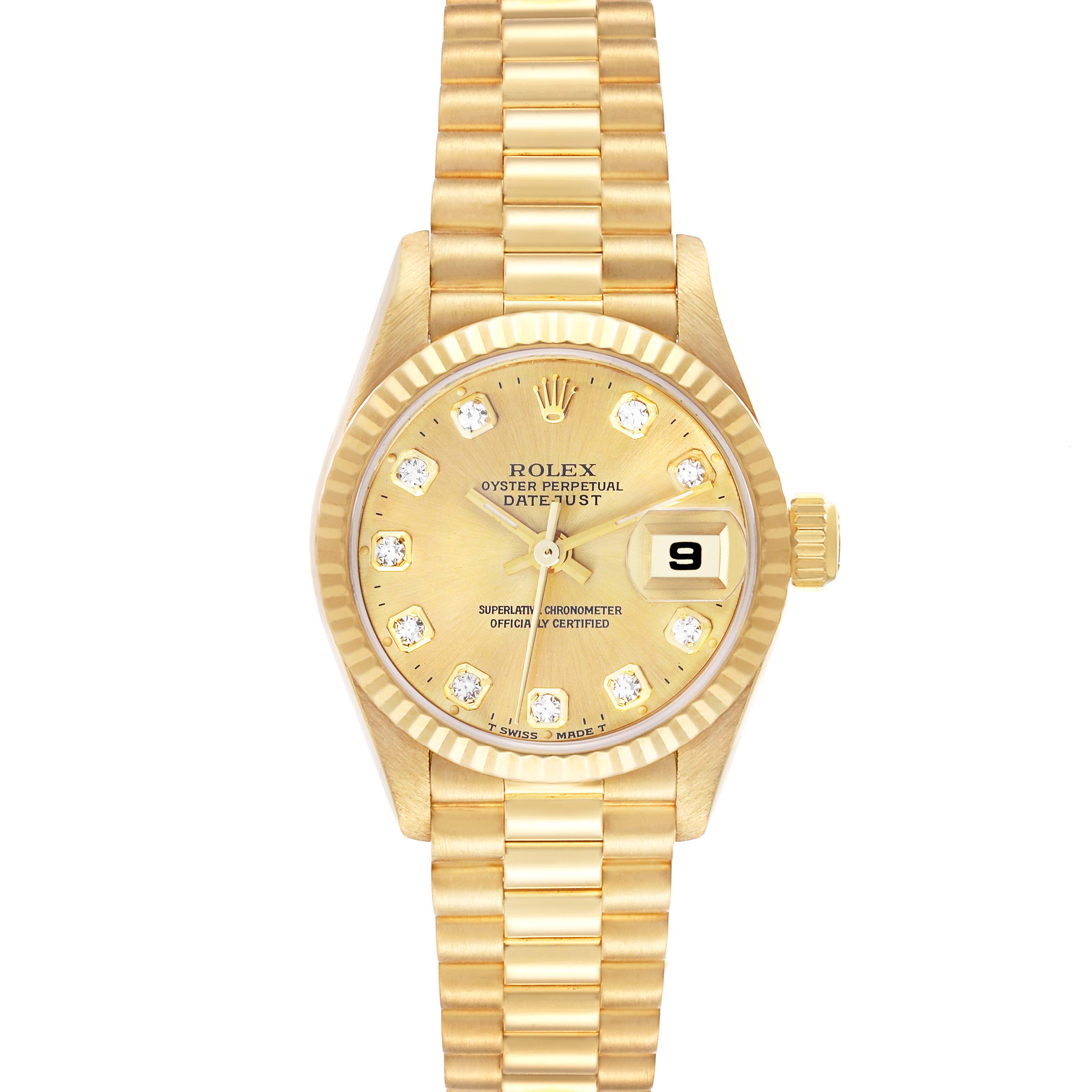 The Rolex President 79178 Women's Yellow Gold Champagne Dial 79178 Women's Yellow Gold Champagne Dial model is shown from the front, highlighting the gold dial, bracelet, and date window.
