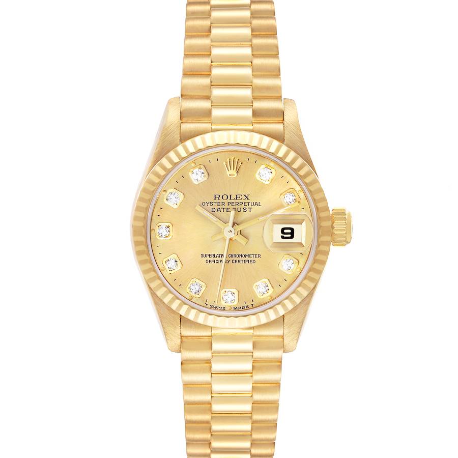 The Rolex President model is shown from the front, highlighting the gold dial, bracelet, and date window.