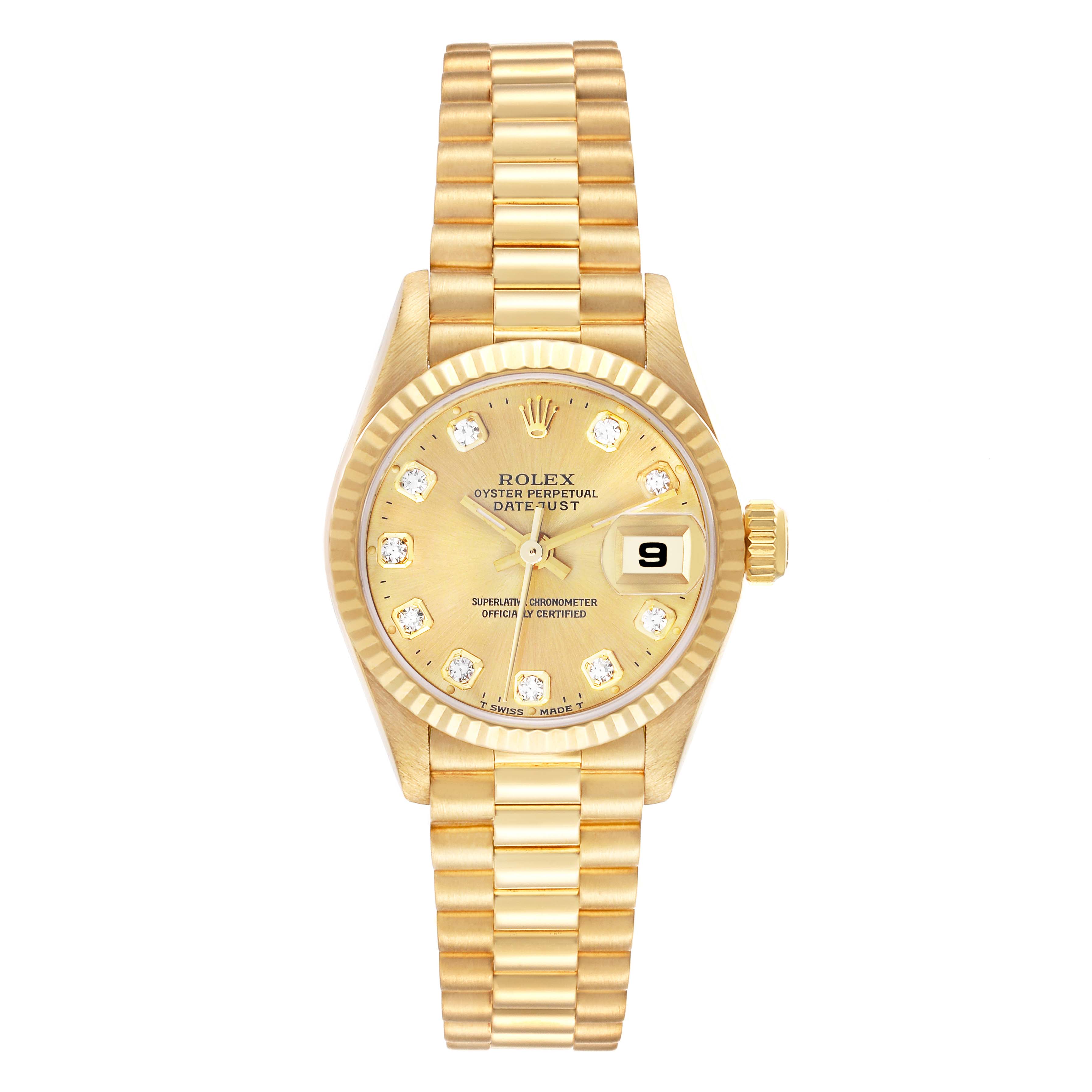 The image shows a Rolex President 79178 Women's Yellow Gold Champagne Dial 79178 Women's Yellow Gold Champagne Dial model watch from a top-down angle, highlighting the face, case, bracelet, and crown.