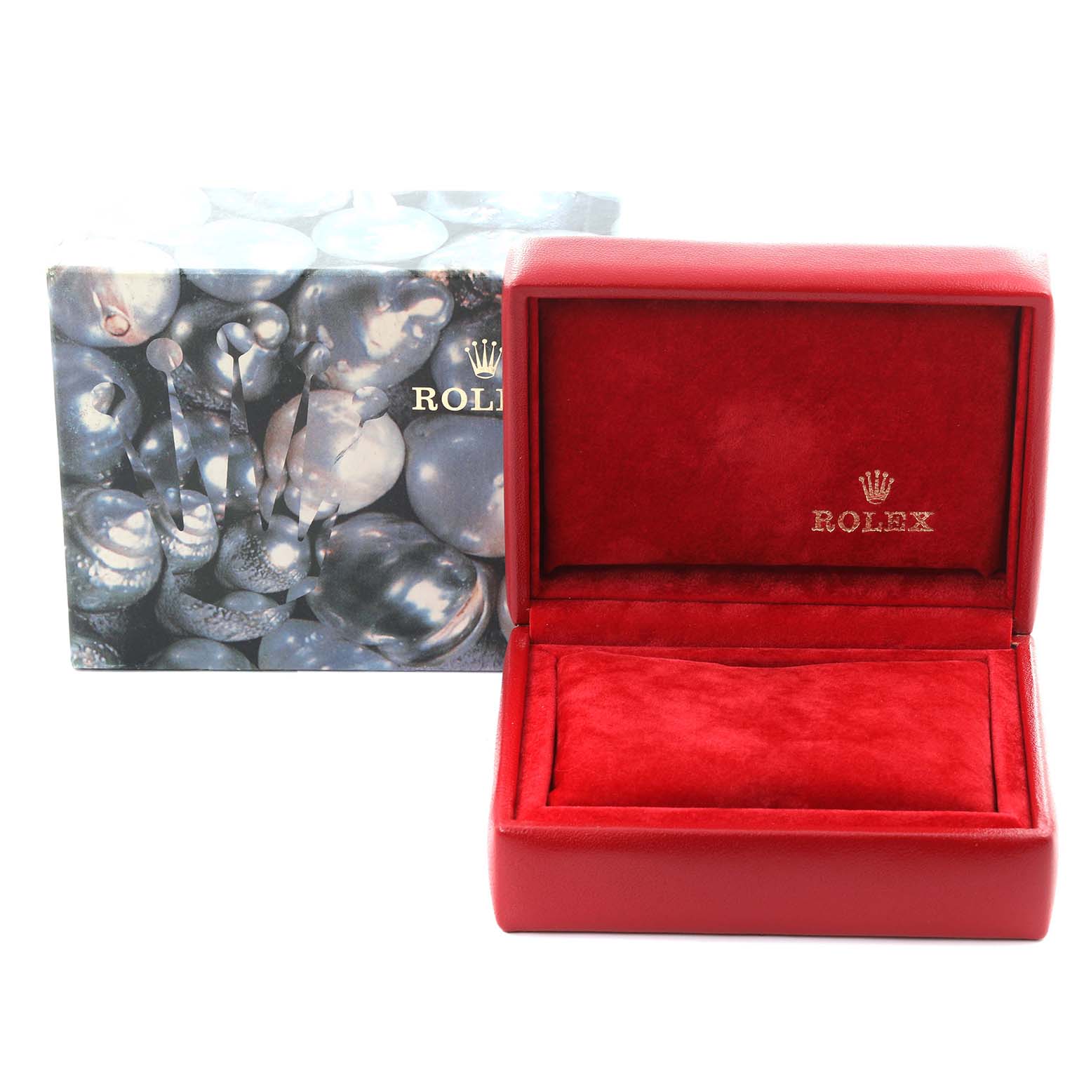 The image shows a Rolex President 79178 Women's Yellow Gold Champagne Dial 79178 Women's Yellow Gold Champagne Dial model watch box, featuring a red velvet interior with the Rolex logo.