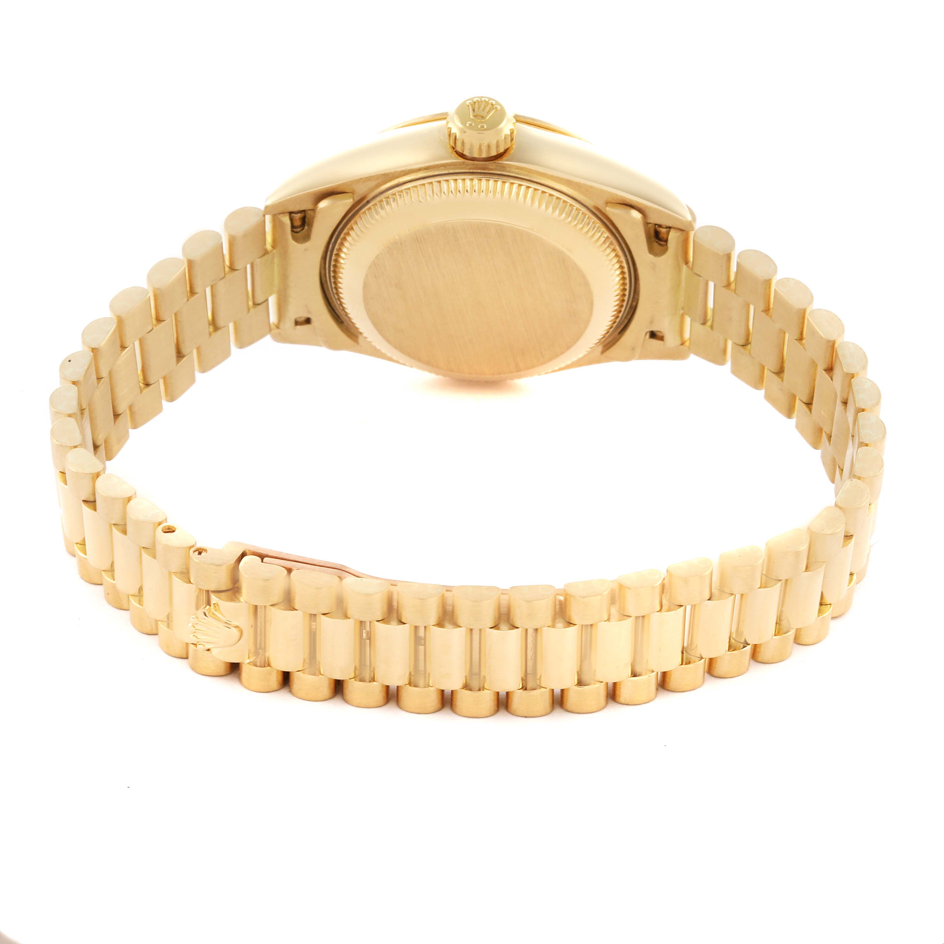 The image shows the back and clasp of a Rolex President 79178 Women's Yellow Gold Champagne Dial 79178 Women's Yellow Gold Champagne Dial model watch, highlighting its gold bracelet and case back.