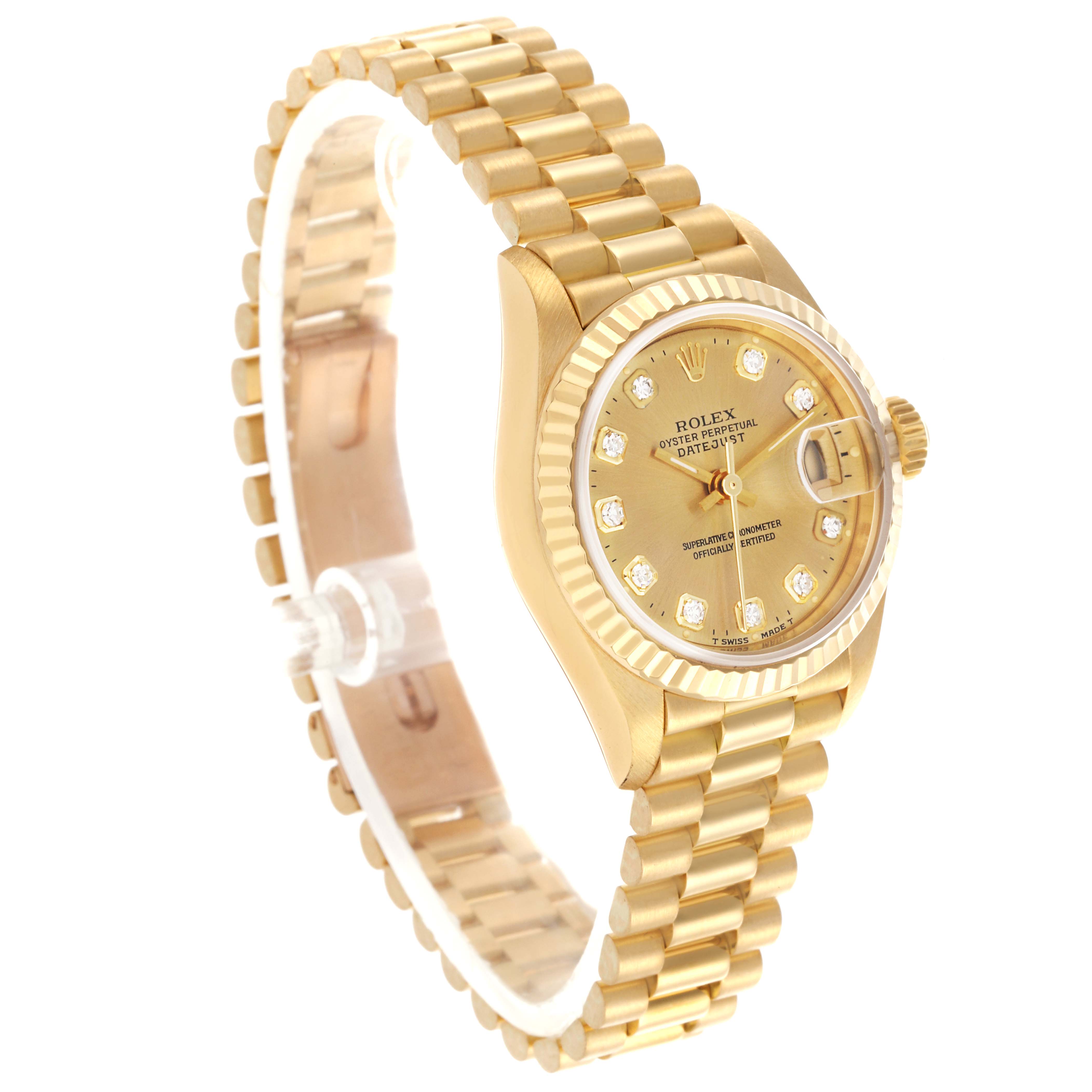 The image shows a Rolex President 79178 Women's Yellow Gold Champagne Dial 79178 Women's Yellow Gold Champagne Dial model at an oblique angle, highlighting the dial, bezel, and bracelet.