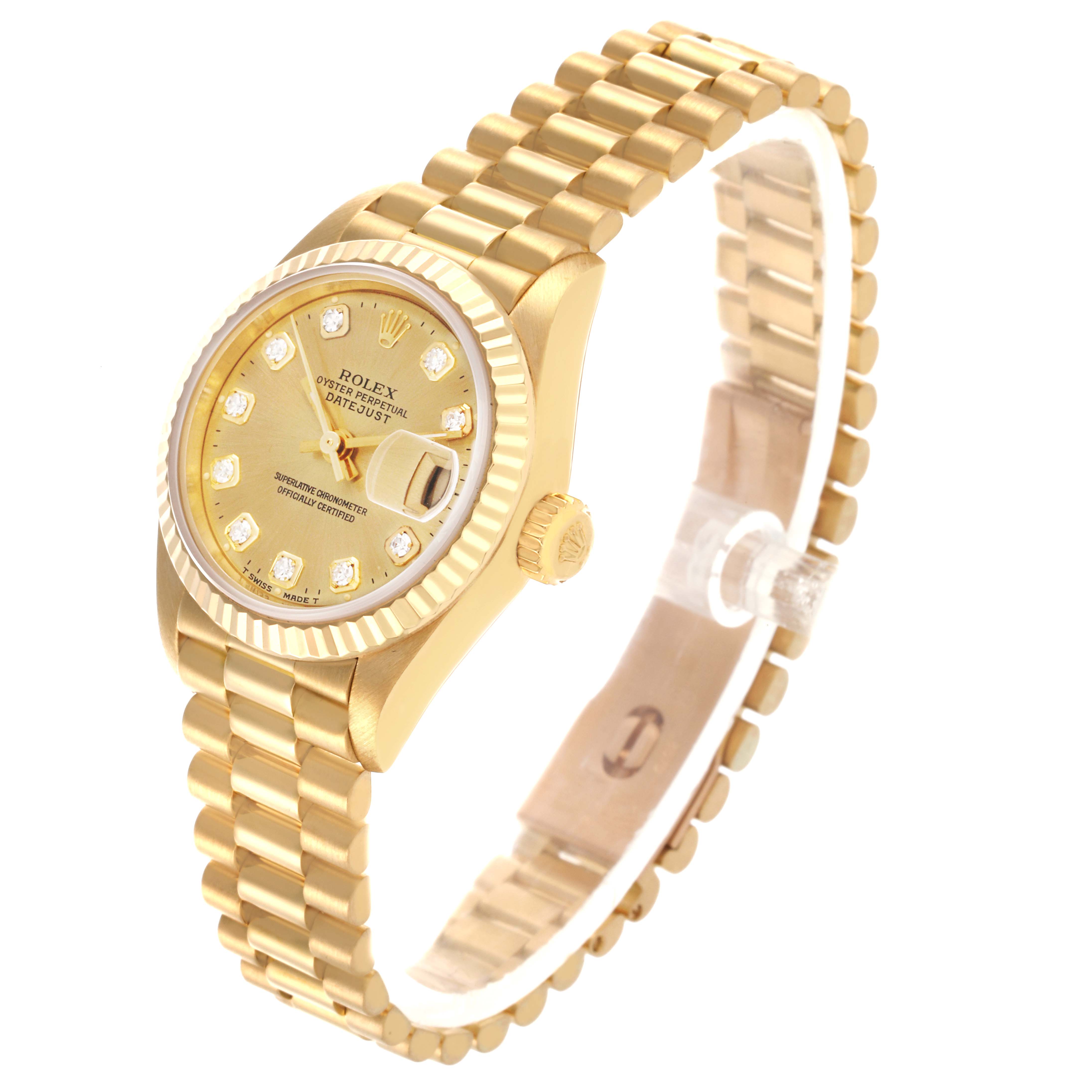 The Rolex President 79178 Women's Yellow Gold Champagne Dial 79178 Women's Yellow Gold Champagne Dial model watch is shown at an angled side view, displaying the face, bezel, and bracelet.