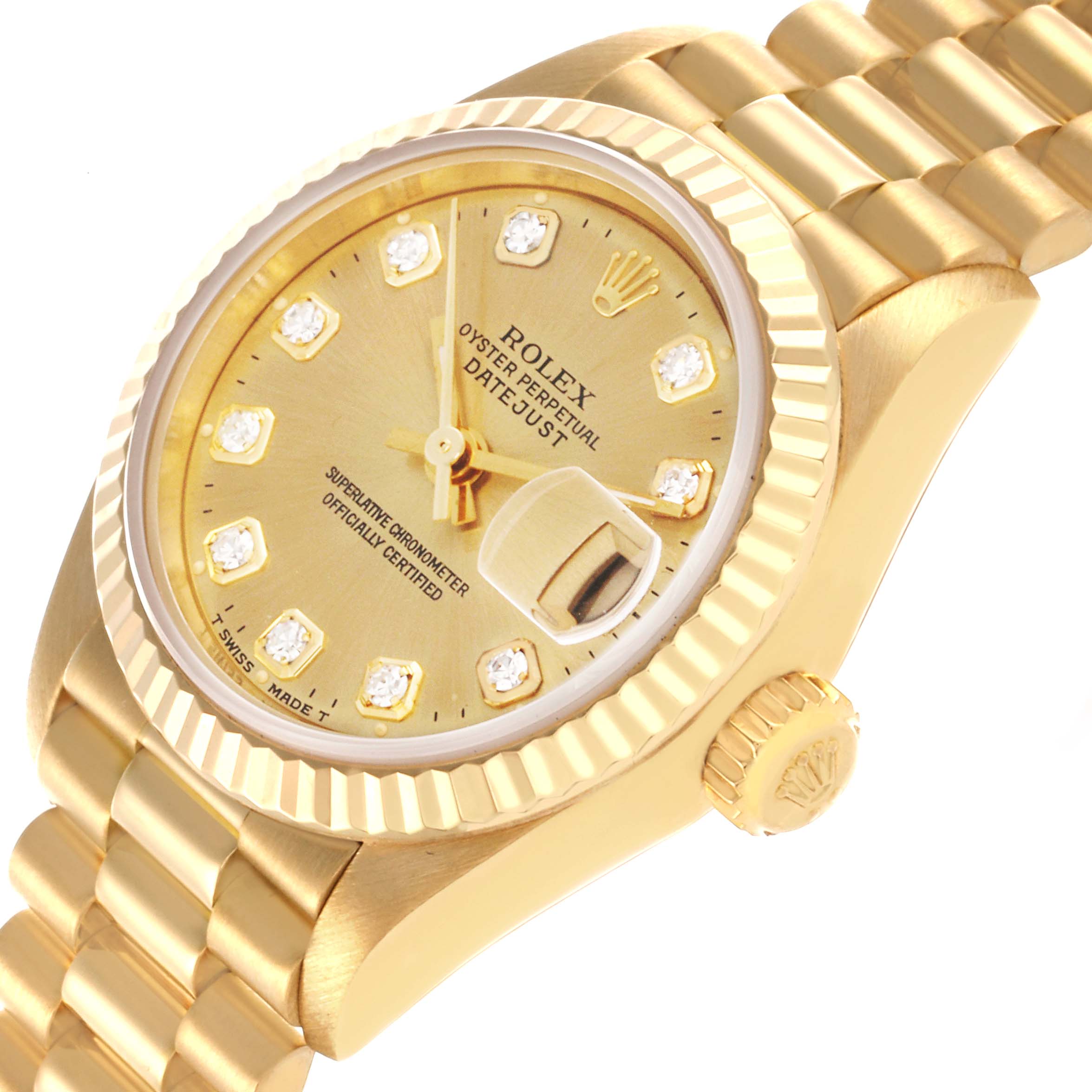 The Rolex President 79178 Women's Yellow Gold Champagne Dial 79178 Women's Yellow Gold Champagne Dial model is shown at an angle highlighting the gold case, diamond markers, crown, fluted bezel, and part of the bracelet.
