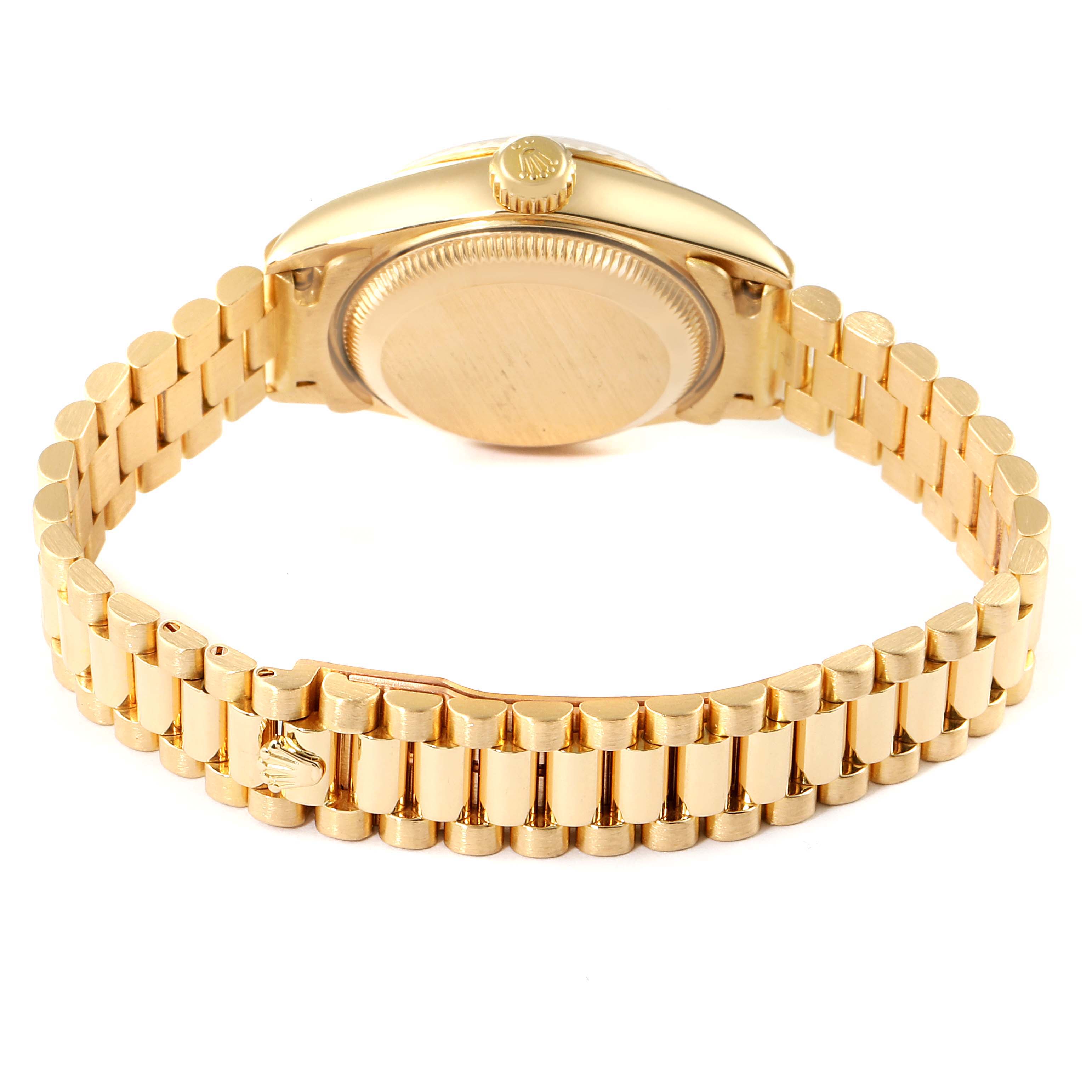 This image shows the back case and bracelet of a Rolex President 79178 Women's Yellow Gold Champagne Dial 79178 Women's Yellow Gold Champagne Dial model watch in gold.