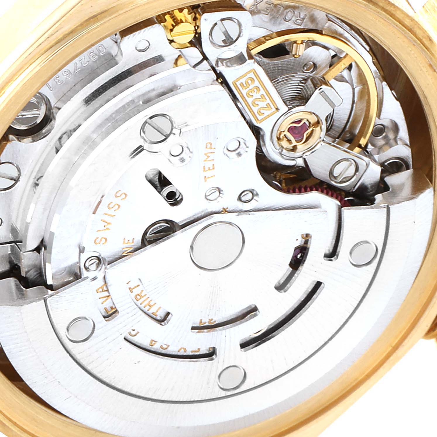 This image shows a close-up of the Rolex President 79178 Women's Yellow Gold Champagne Dial 79178 Women's Yellow Gold Champagne Dial model's internal mechanical movement and parts.