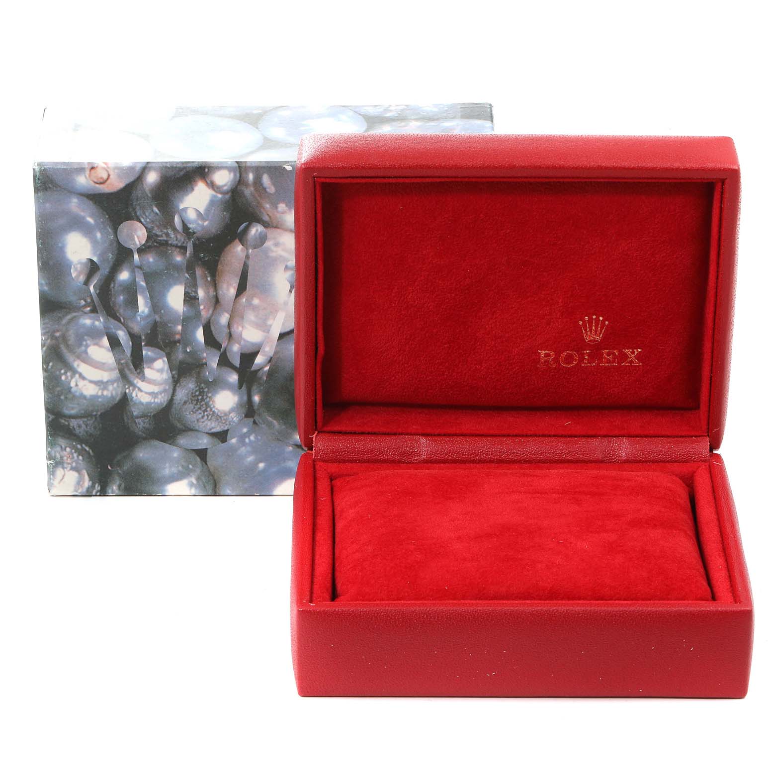 The image shows an open red Rolex watch box for the President model, alongside its decorative outer box.