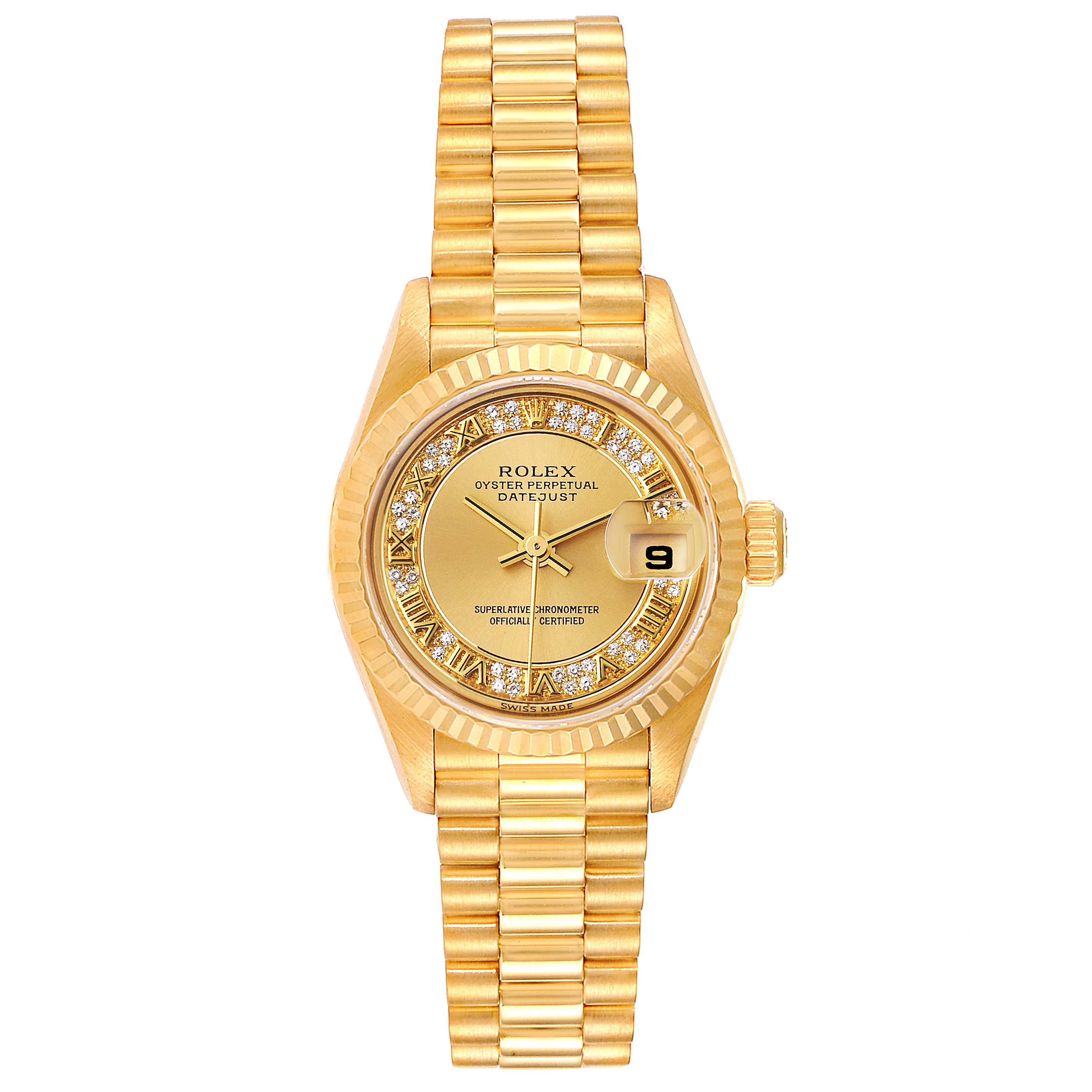 This image shows a top view of a Rolex President 79178 Women's Yellow Gold Champagne Dial 79178 Women's Yellow Gold Champagne Dial model watch, displaying the dial, bezel, and bracelet.