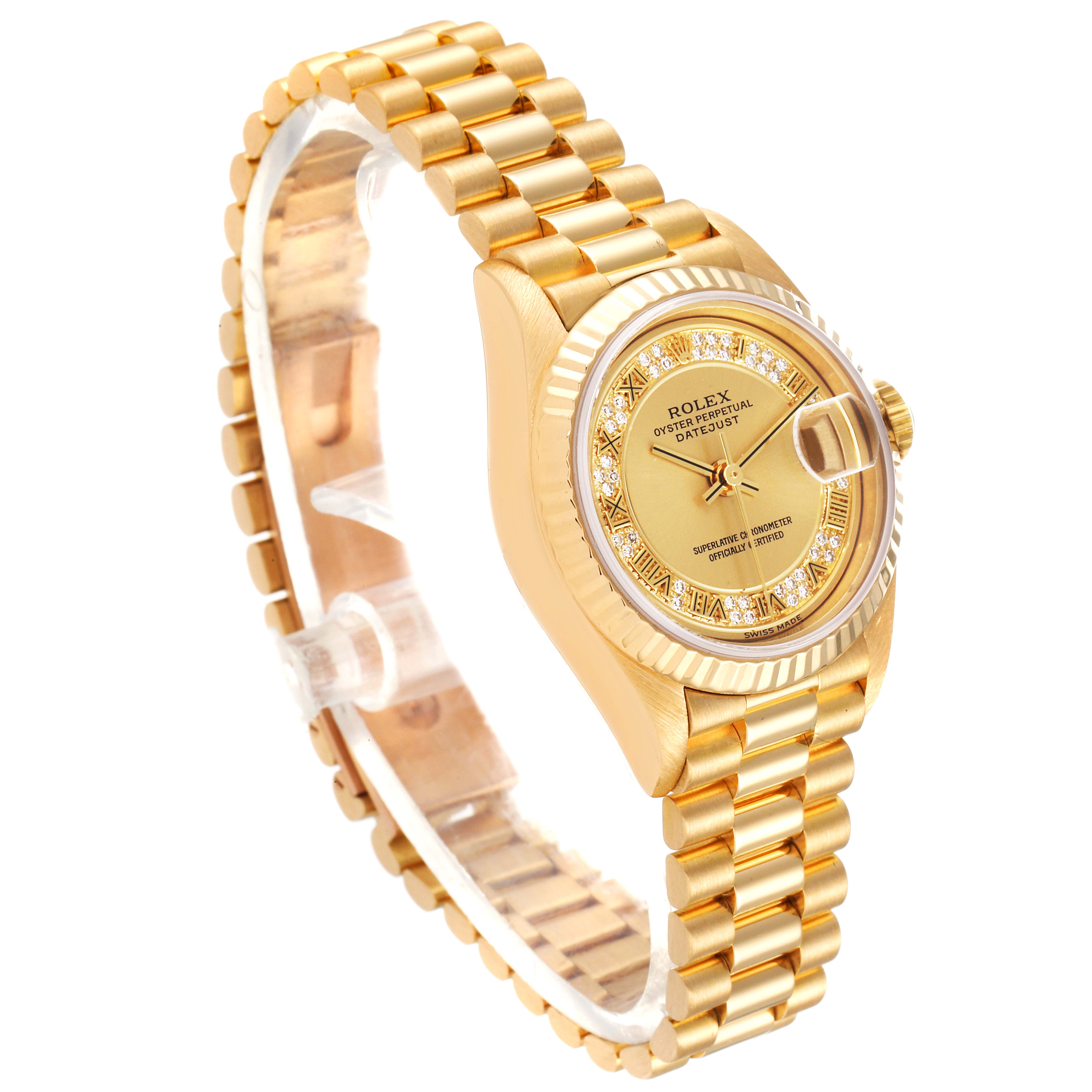 This image shows a Rolex President 79178 Women's Yellow Gold Champagne Dial 79178 Women's Yellow Gold Champagne Dial model watch, featuring a side and slightly top angle view showcasing the bracelet and face.