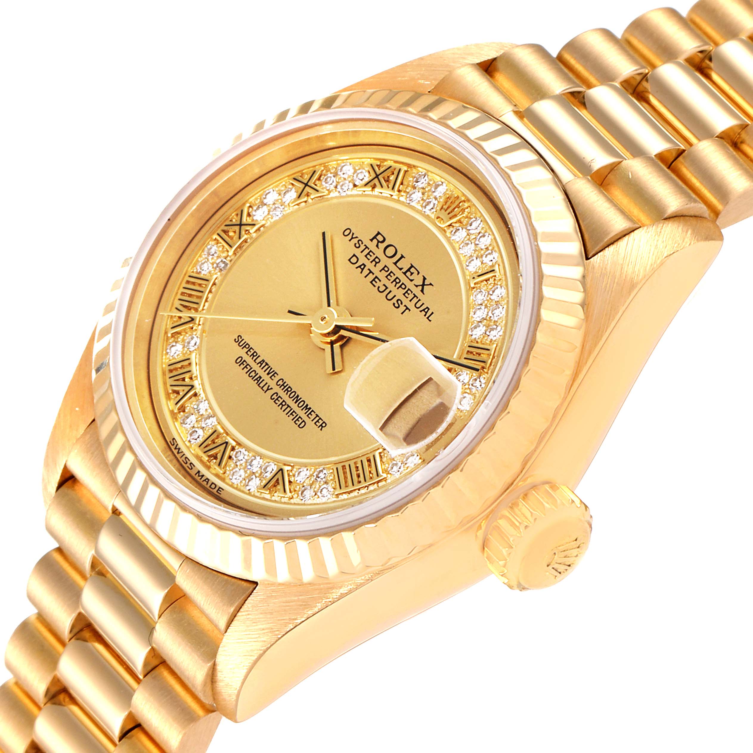 This Rolex President 79178 Women's Yellow Gold Champagne Dial 79178 Women's Yellow Gold Champagne Dial model watch is shown from an angled top view, highlighting its gold face, band, crown, and diamond Roman numeral markers.