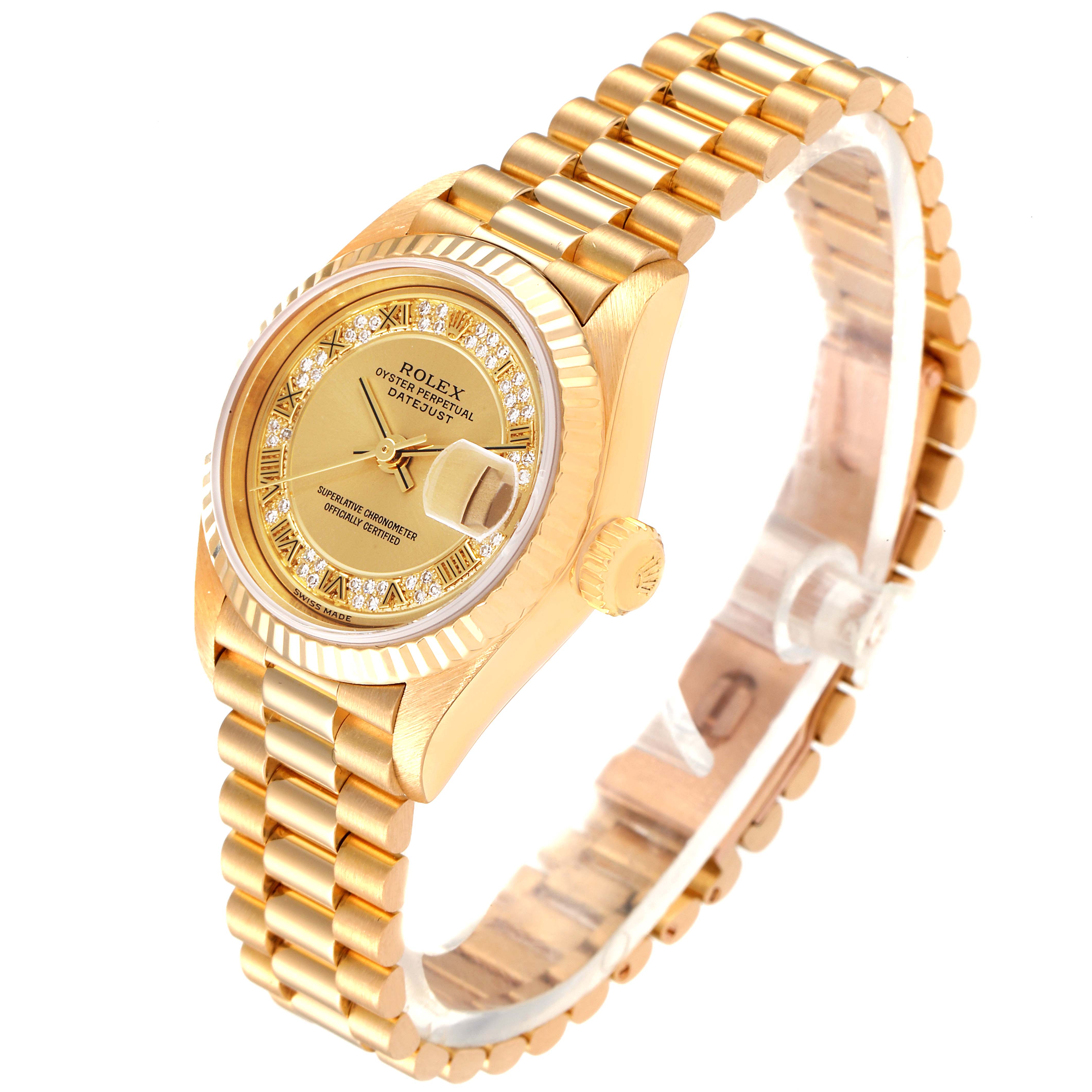 The image shows a Rolex President 79178 Women's Yellow Gold Champagne Dial 79178 Women's Yellow Gold Champagne Dial model watch at a three-quarter angle, highlighting the face, bezel, case, and bracelet.