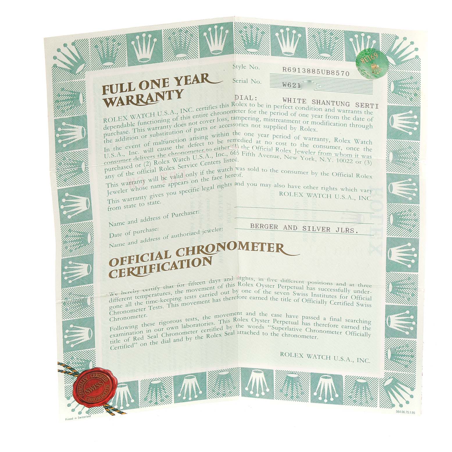 The image shows a full view of a Rolex President 69138 Women
s Yellow Gold White Dial 69138 Women
s Yellow Gold White Dial model warranty and certification document laying flat.