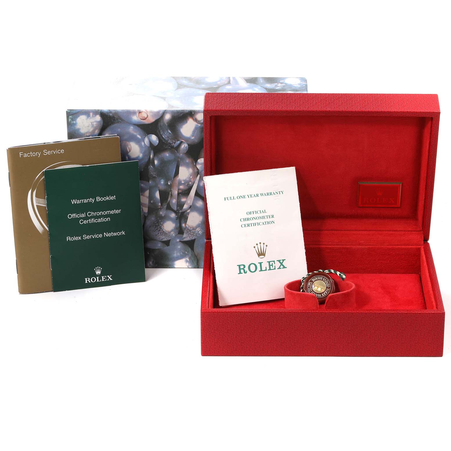 The image shows a Rolex President 69138 Women
s Yellow Gold White Dial 69138 Women
s Yellow Gold White Dial model watch with its box, warranty booklets, and official chronometer certification.