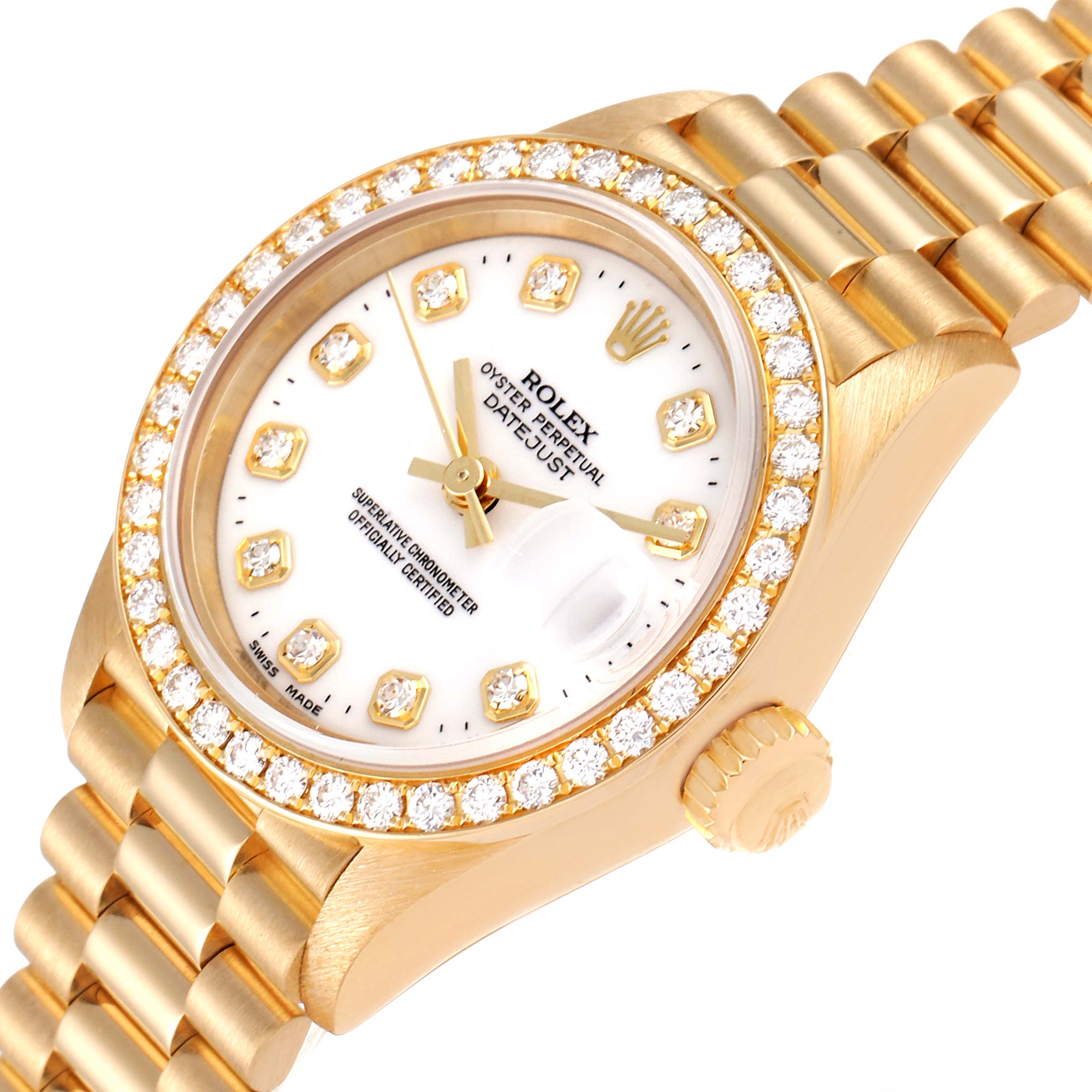 The Rolex President 69138 Women
s Yellow Gold White Dial 69138 Women
s Yellow Gold White Dial model watch is shown at an angled view, highlighting its diamond-encrusted bezel, gold case, and bracelet.