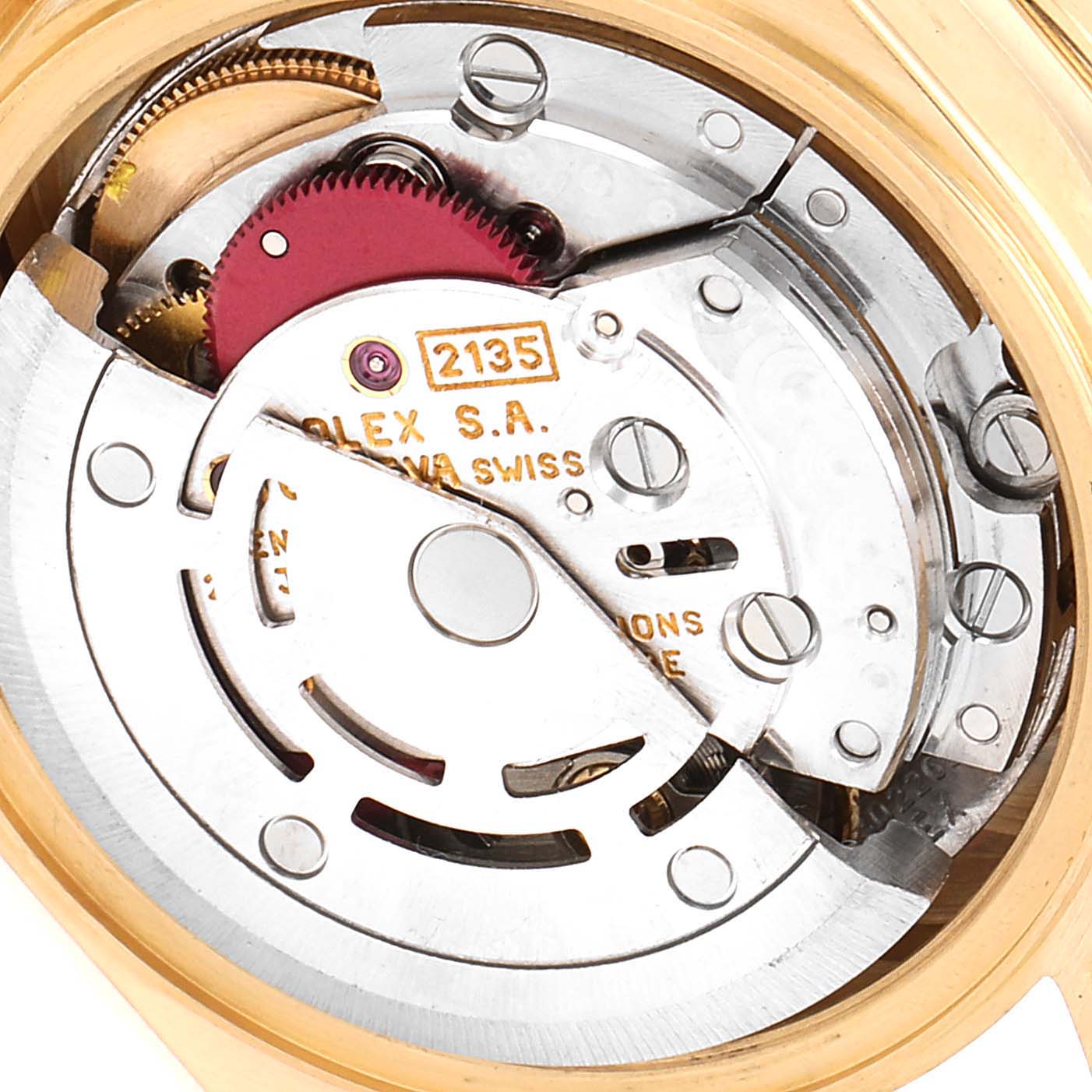 The image shows the movement mechanism of the Rolex President 69138 Women
s Yellow Gold White Dial 69138 Women
s Yellow Gold White Dial model watch from a close-up, back angle.
