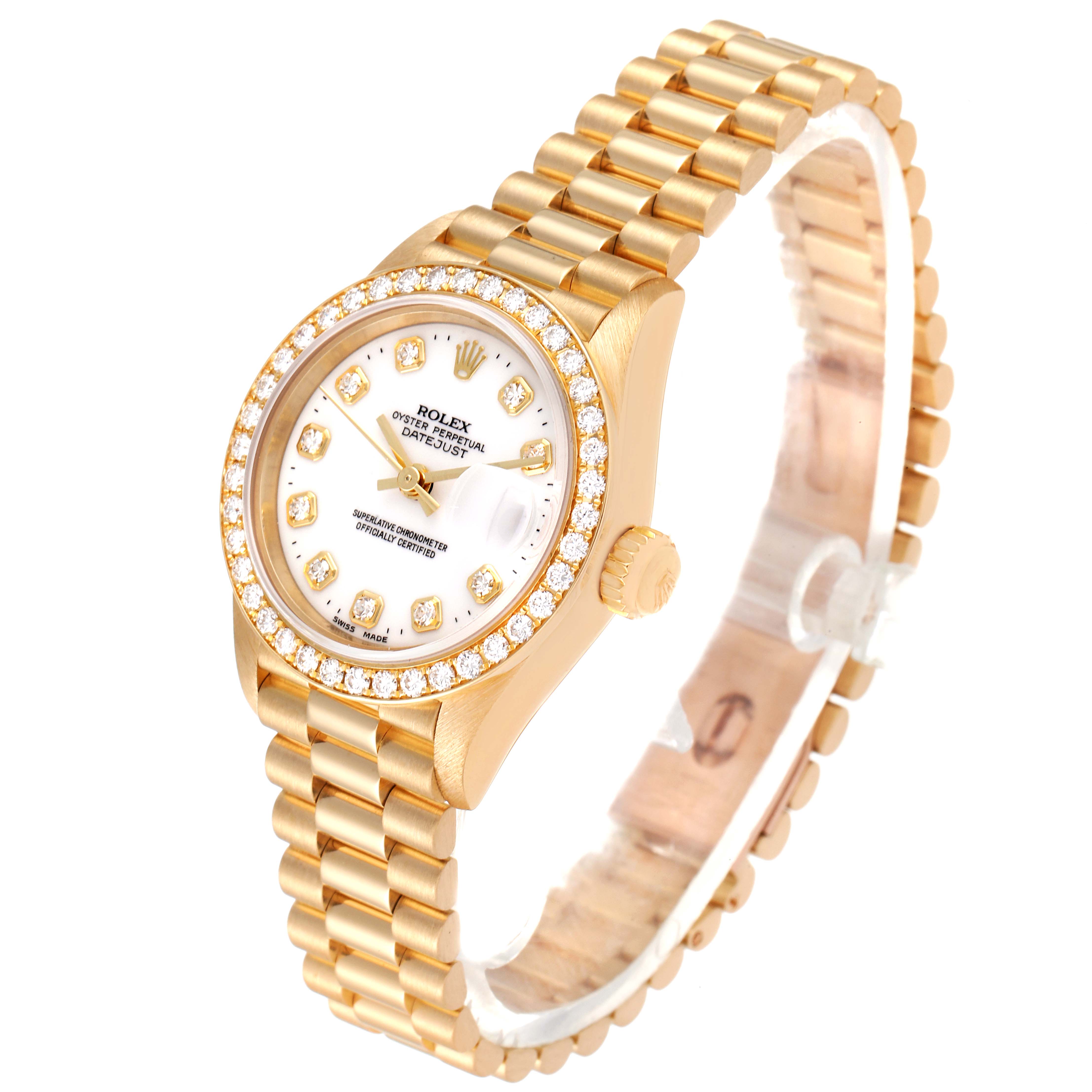 This image shows a Rolex President 69138 Women
s Yellow Gold White Dial 69138 Women
s Yellow Gold White Dial model watch from an angled, side view, highlighting the face, bezel, and bracelet.