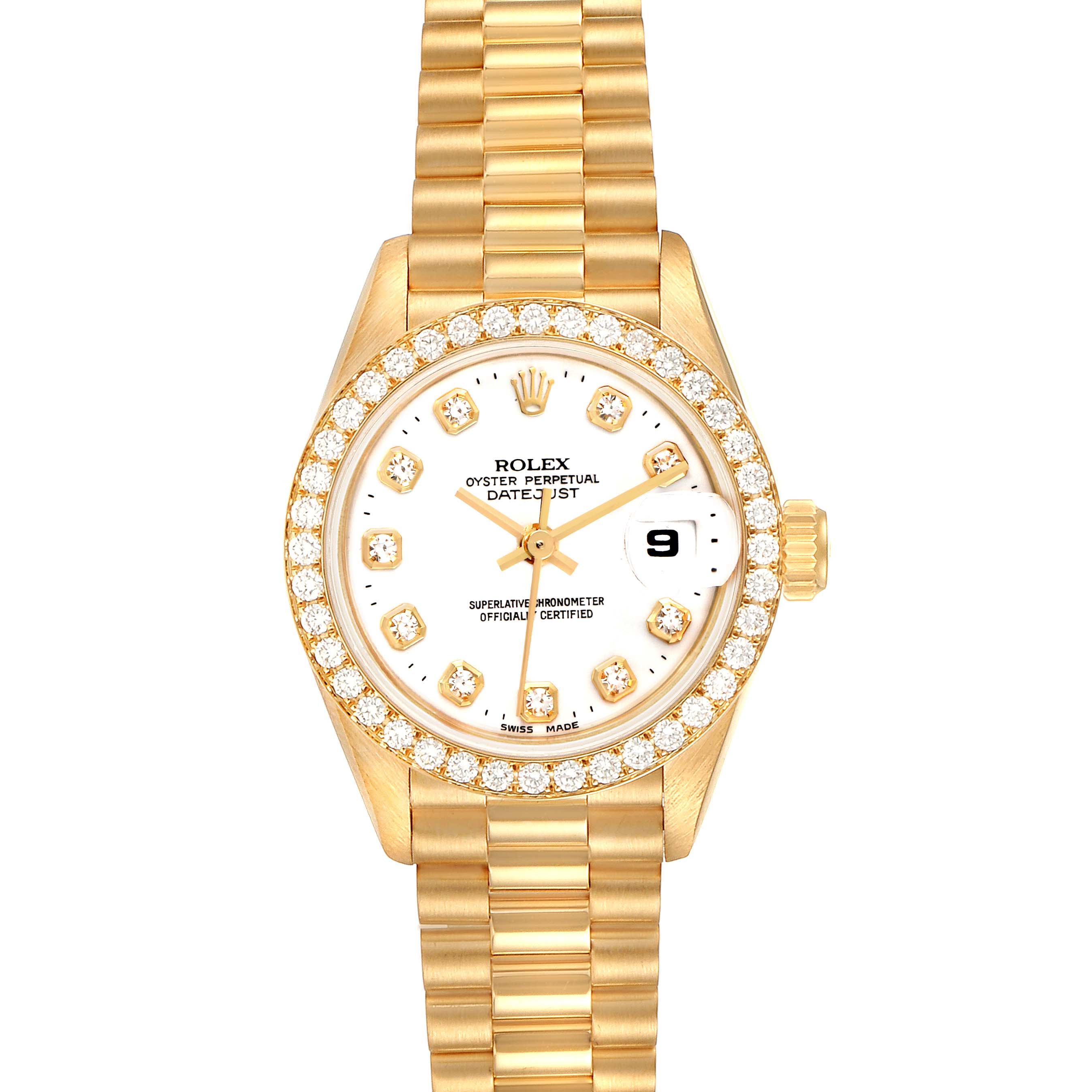 The image shows a Rolex President 69138 Women
s Yellow Gold White Dial 69138 Women
s Yellow Gold White Dial model watch from a top-down angle, highlighting its diamond bezel, dial, and bracelet.