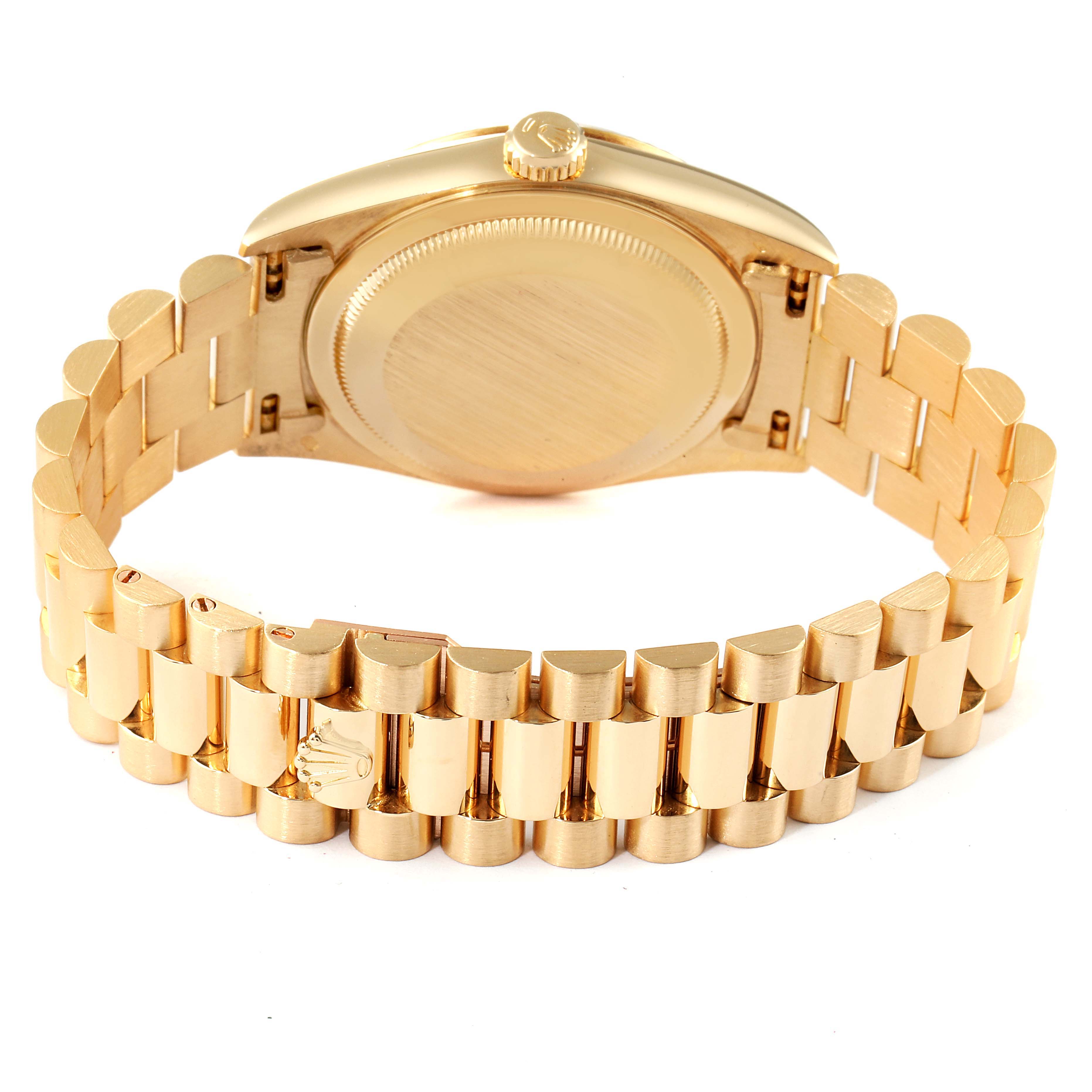 The image shows the back and bracelet of a Rolex President 18238 Men
s Yellow Gold Black Dial 18238 Men
s Yellow Gold Black Dial model watch.