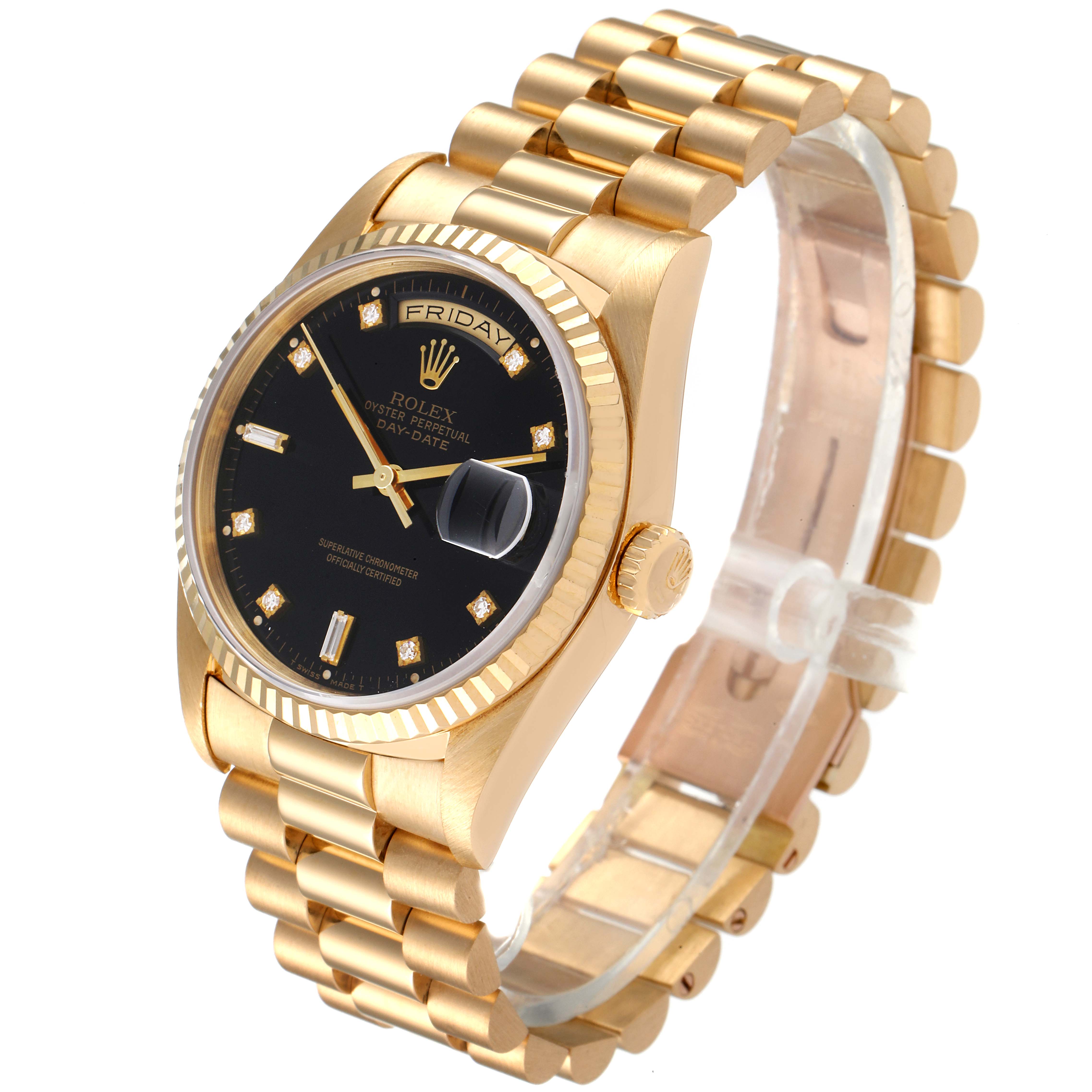 The image shows a Rolex President 18238 Men
s Yellow Gold Black Dial 18238 Men
s Yellow Gold Black Dial model watch at a three-quarter angle, highlighting the face, crown, bezel, and bracelet.