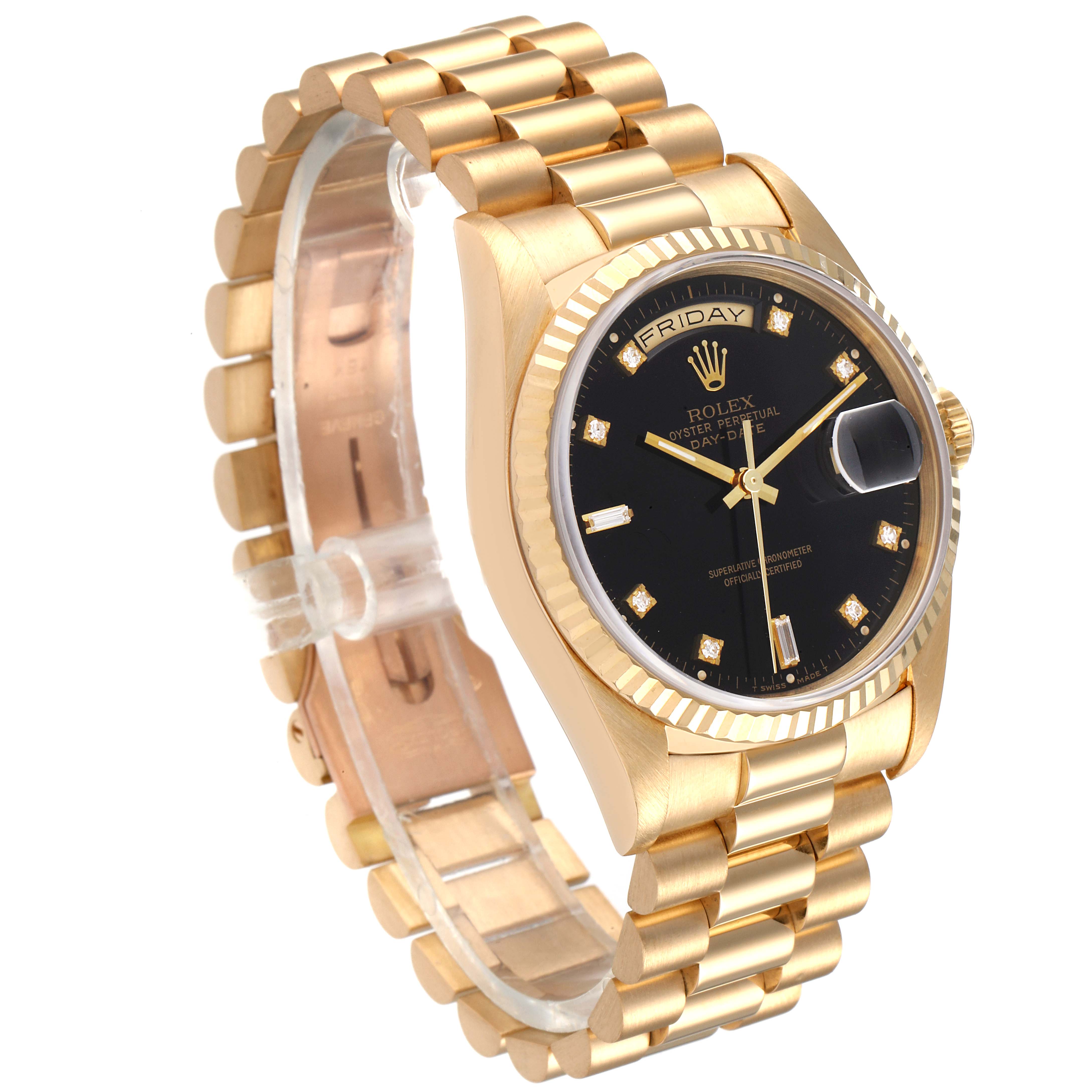 The image shows a Rolex President 18238 Men
s Yellow Gold Black Dial 18238 Men
s Yellow Gold Black Dial model watch at an angled view, highlighting the gold band, black dial, and day-date display.