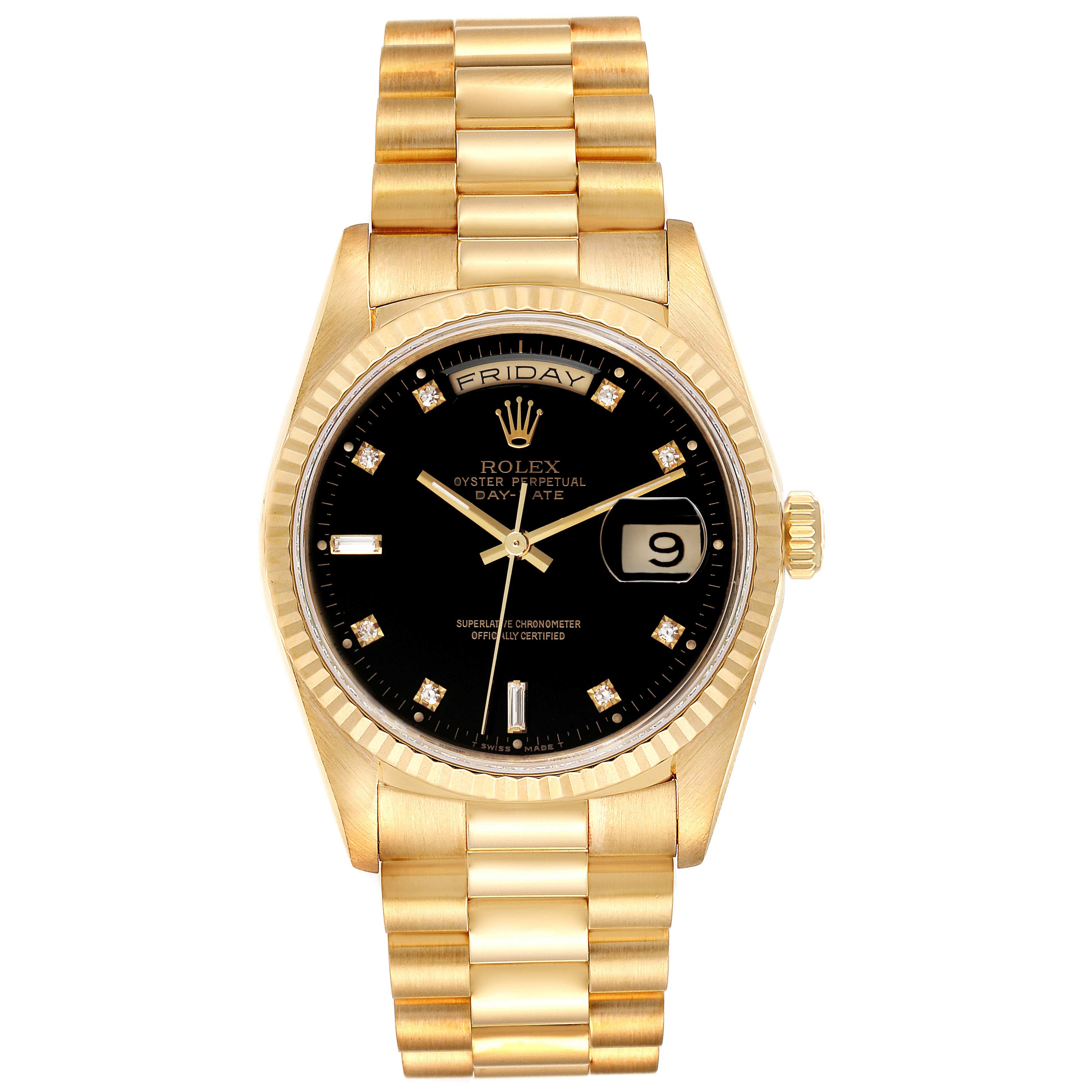This Rolex President 18238 Men
s Yellow Gold Black Dial 18238 Men
s Yellow Gold Black Dial model watch is shown from a front angle, displaying the face, bezel, and bracelet.