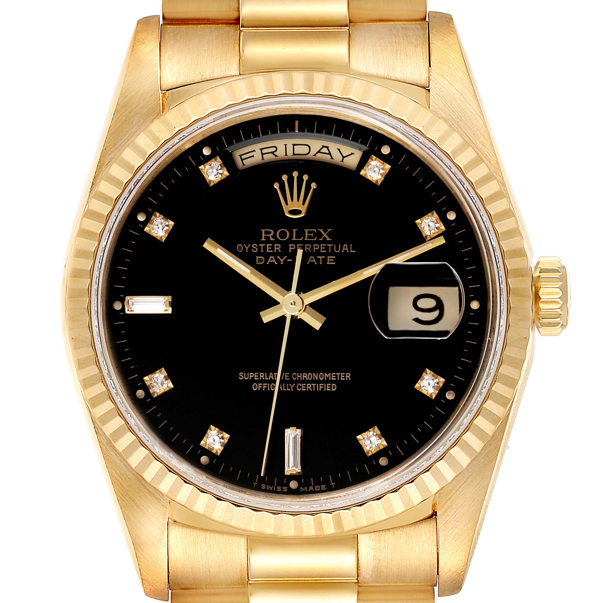 The image shows a front view of a Rolex President 18238 Men
s Yellow Gold Black Dial 18238 Men
s Yellow Gold Black Dial model watch, highlighting its black dial, day-date display, and diamond hour markers.