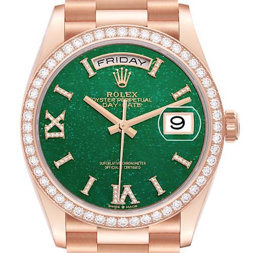 The Rolex President 128345 Men's Rose Gold Green Dial model watch is shown from the front, highlighting the green dial, diamond bezel, and day-date display.
