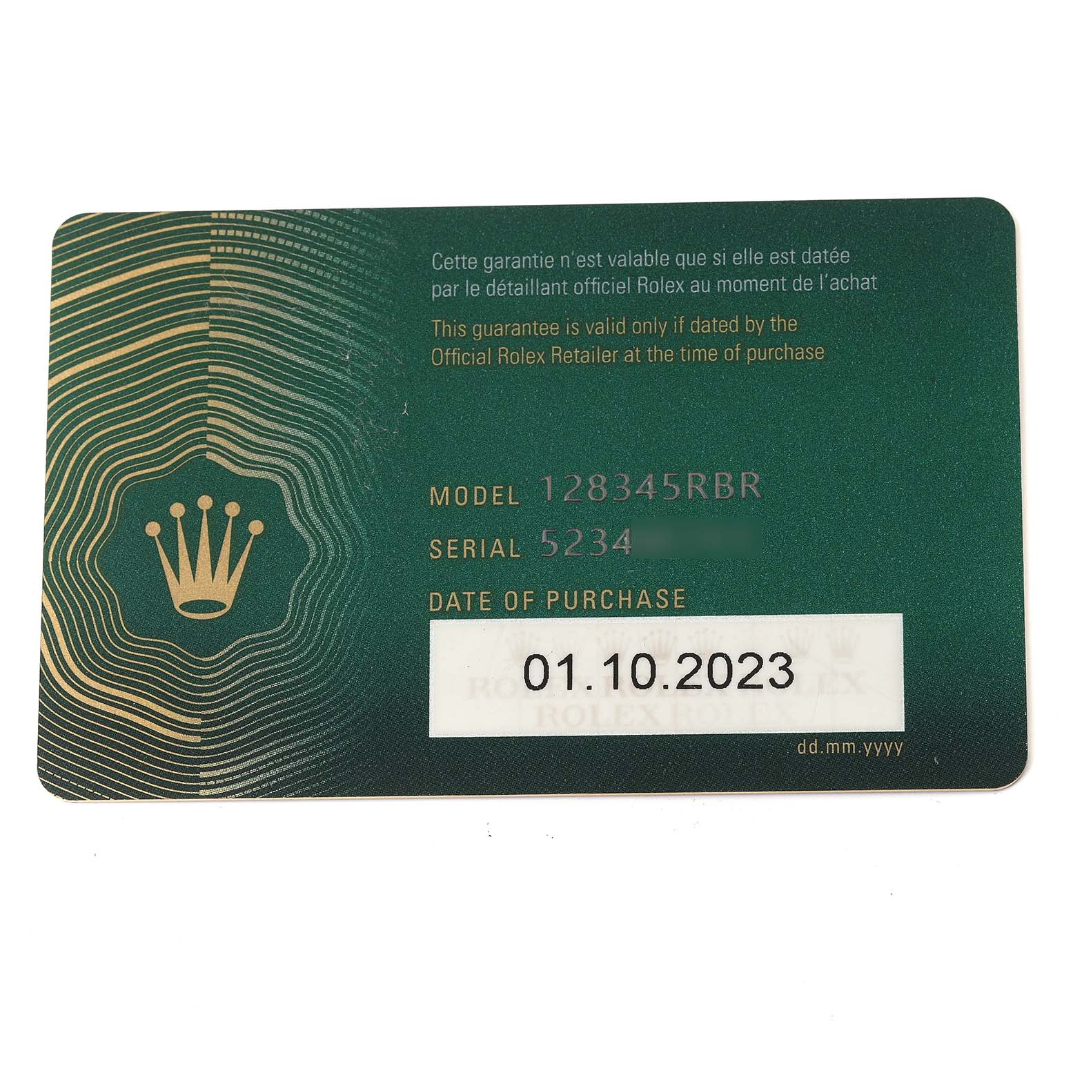 The image shows a warranty card for a Rolex President 128345 Men's Rose Gold Green Dial model, displaying model, serial number, and purchase date.
