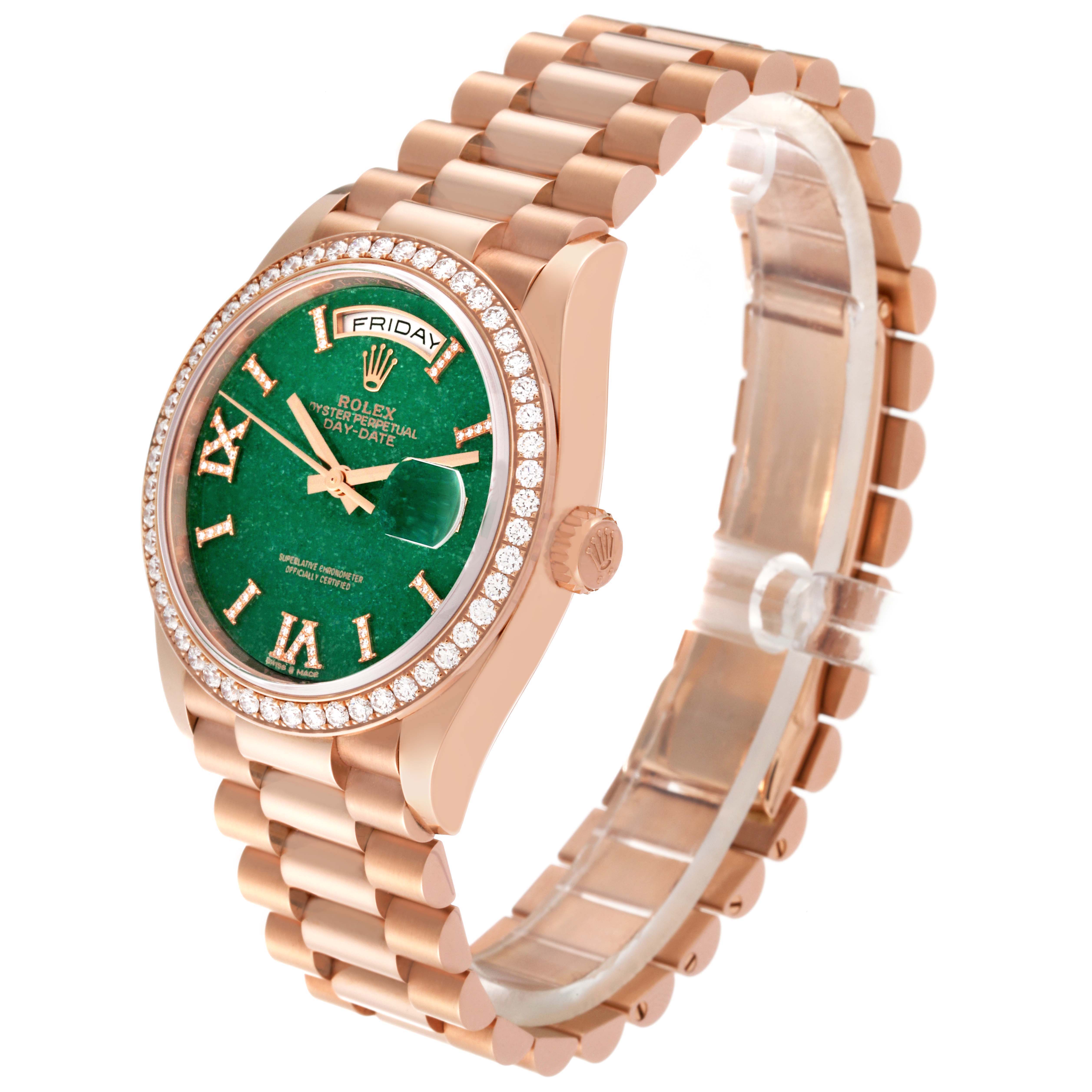 The Rolex President 128345 Men's Rose Gold Green Dial watch is shown at an angled side view, highlighting its green dial, diamond bezel, and gold bracelet.