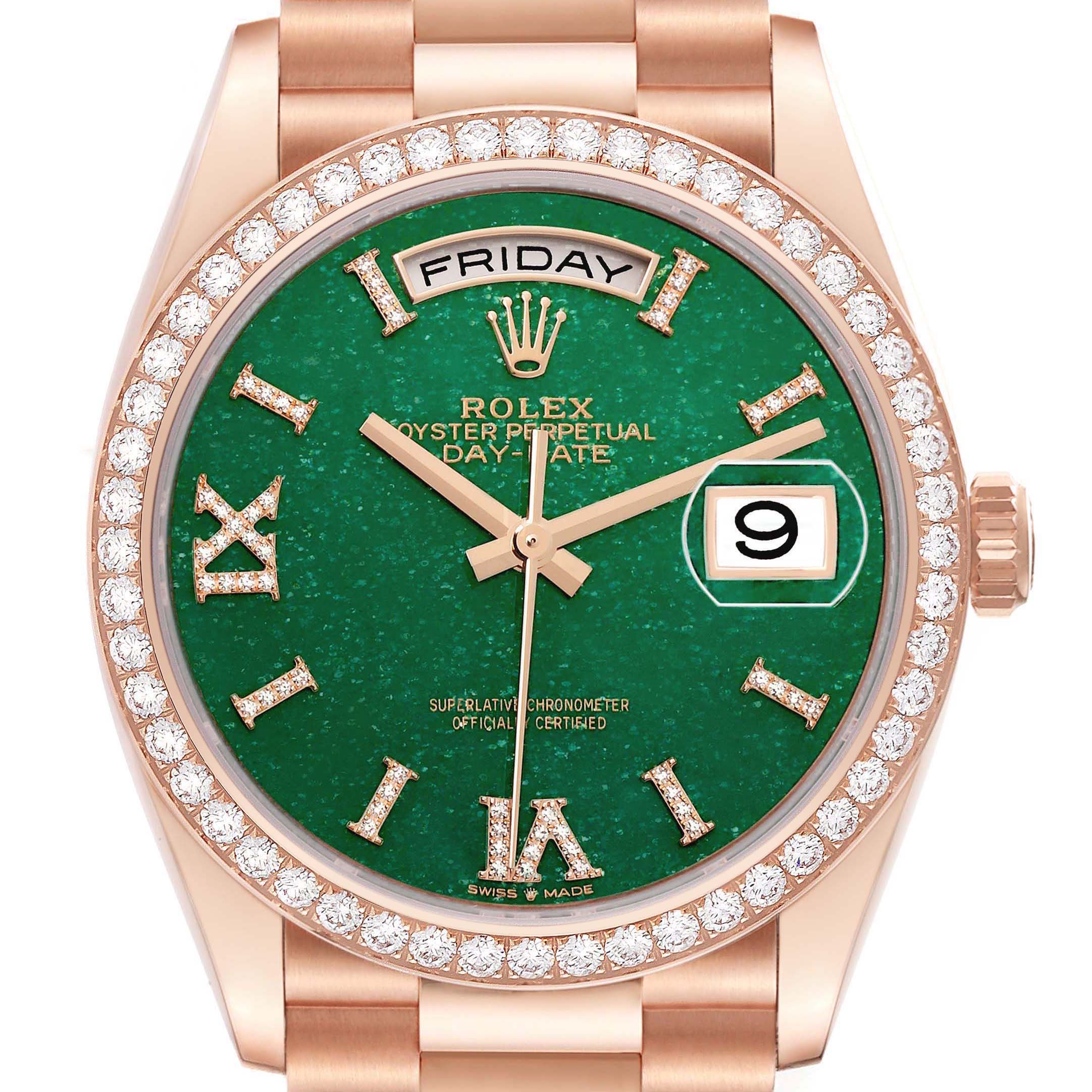 The Rolex President 128345 Men's Rose Gold Green Dial model is shown front-facing, displaying its green dial, diamond bezel, and day-date features.
