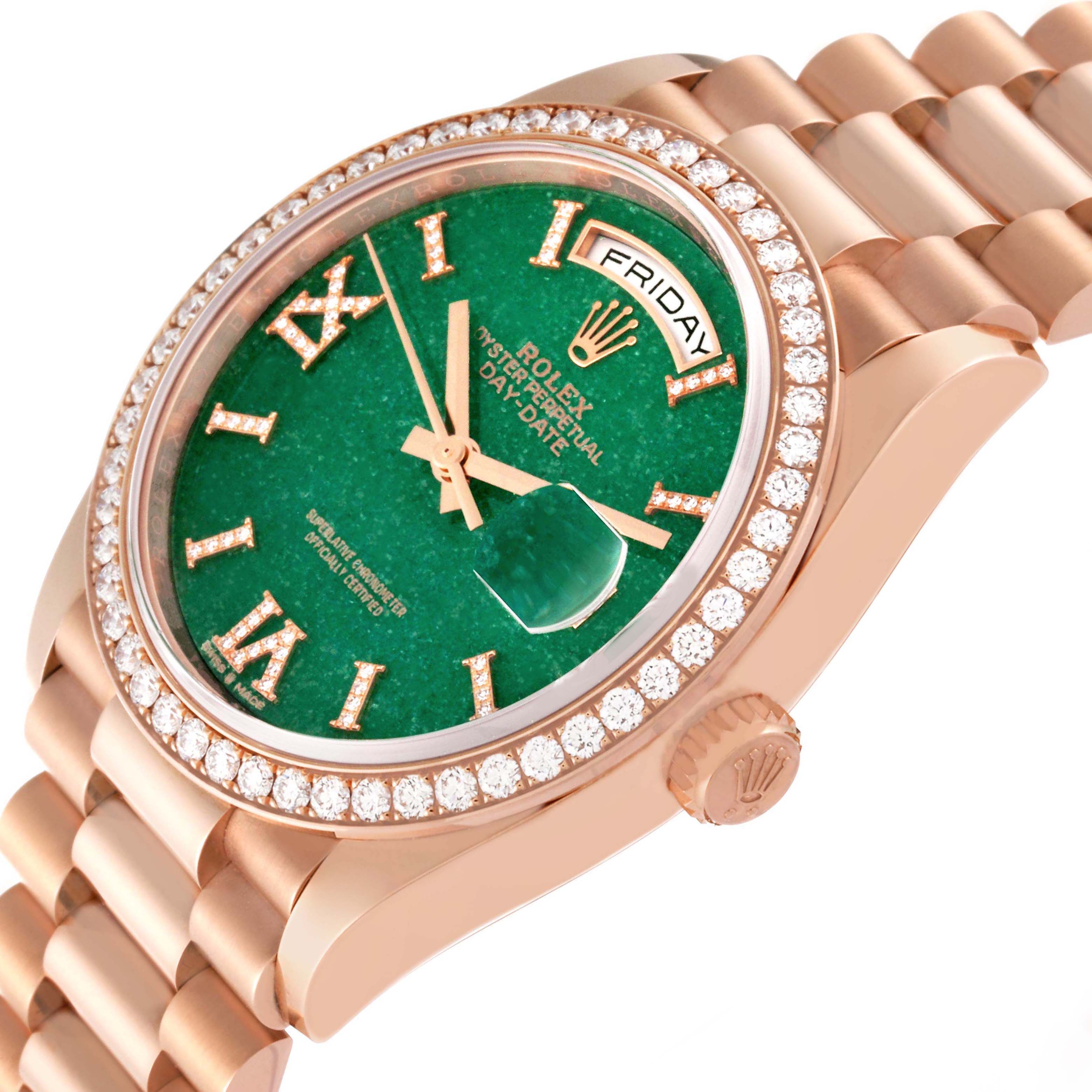 The Rolex President 128345 Men's Rose Gold Green Dial watch is shown at a tilted angle, featuring its green dial, diamond-set bezel, bracelet, and day display.