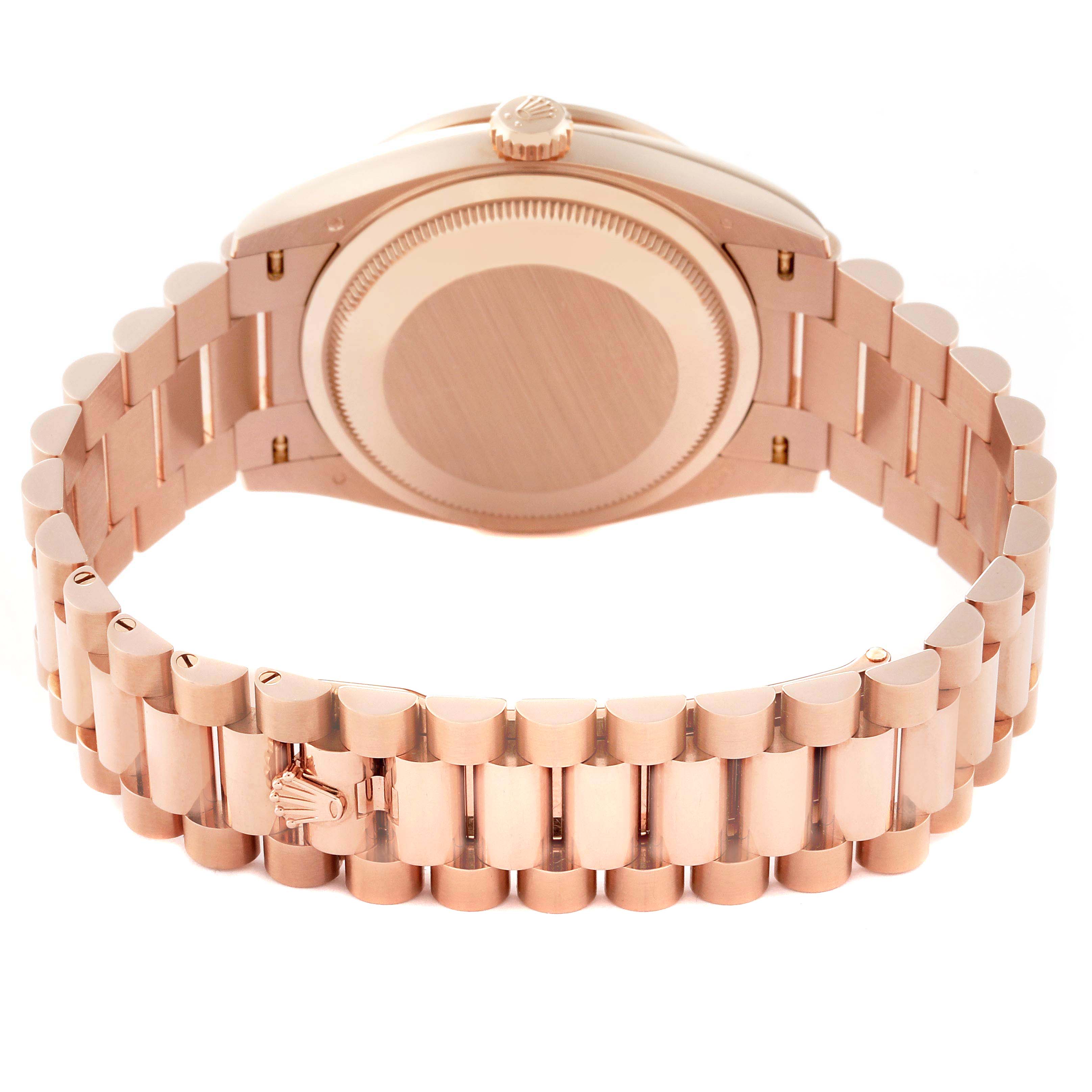 The image shows the back view of a Rolex President 128345 Men's Rose Gold Green Dial watch, highlighting the case back and bracelet.