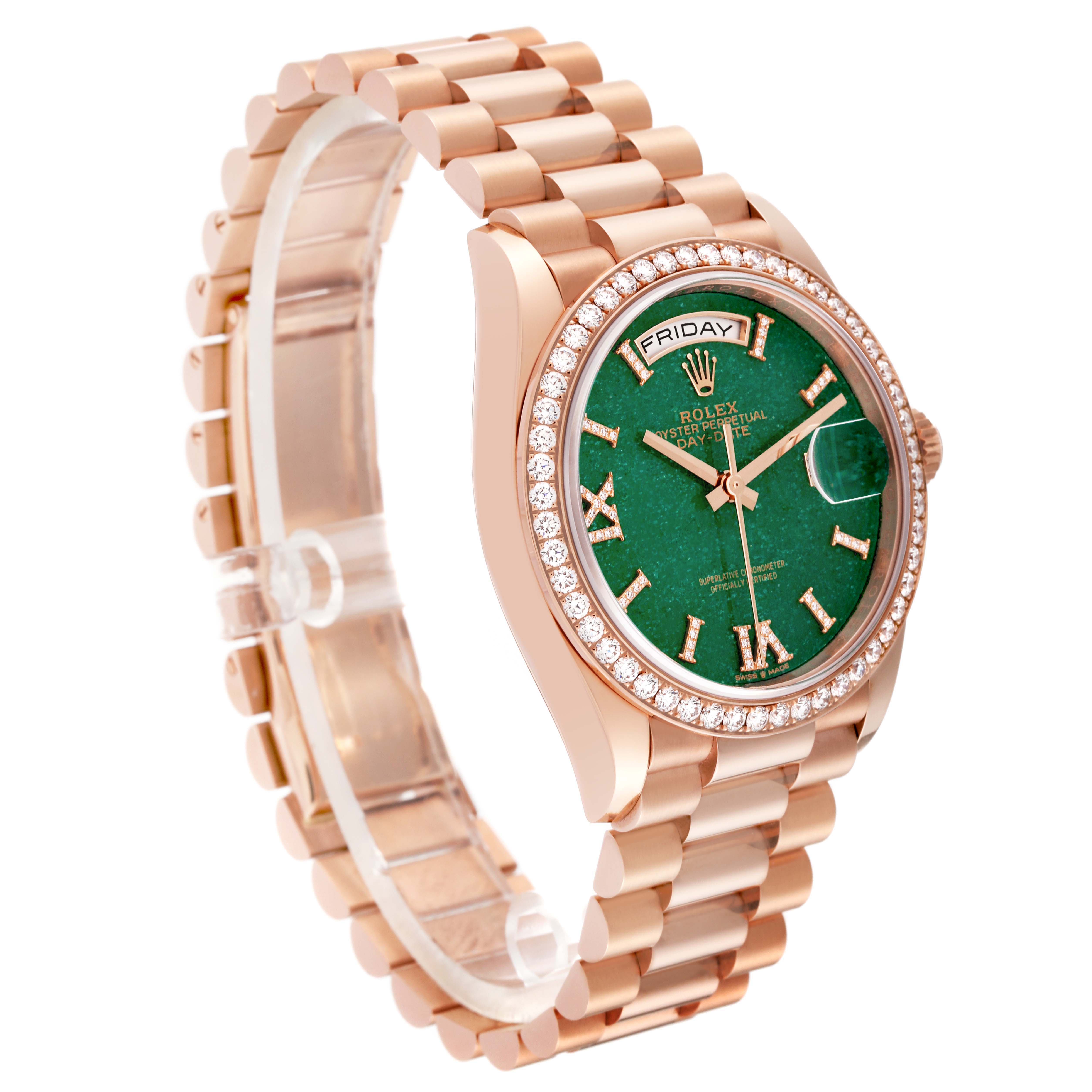 The Rolex President 128345 Men's Rose Gold Green Dial watch is shown from an angled view, highlighting the green dial, diamond bezel, and gold bracelet.