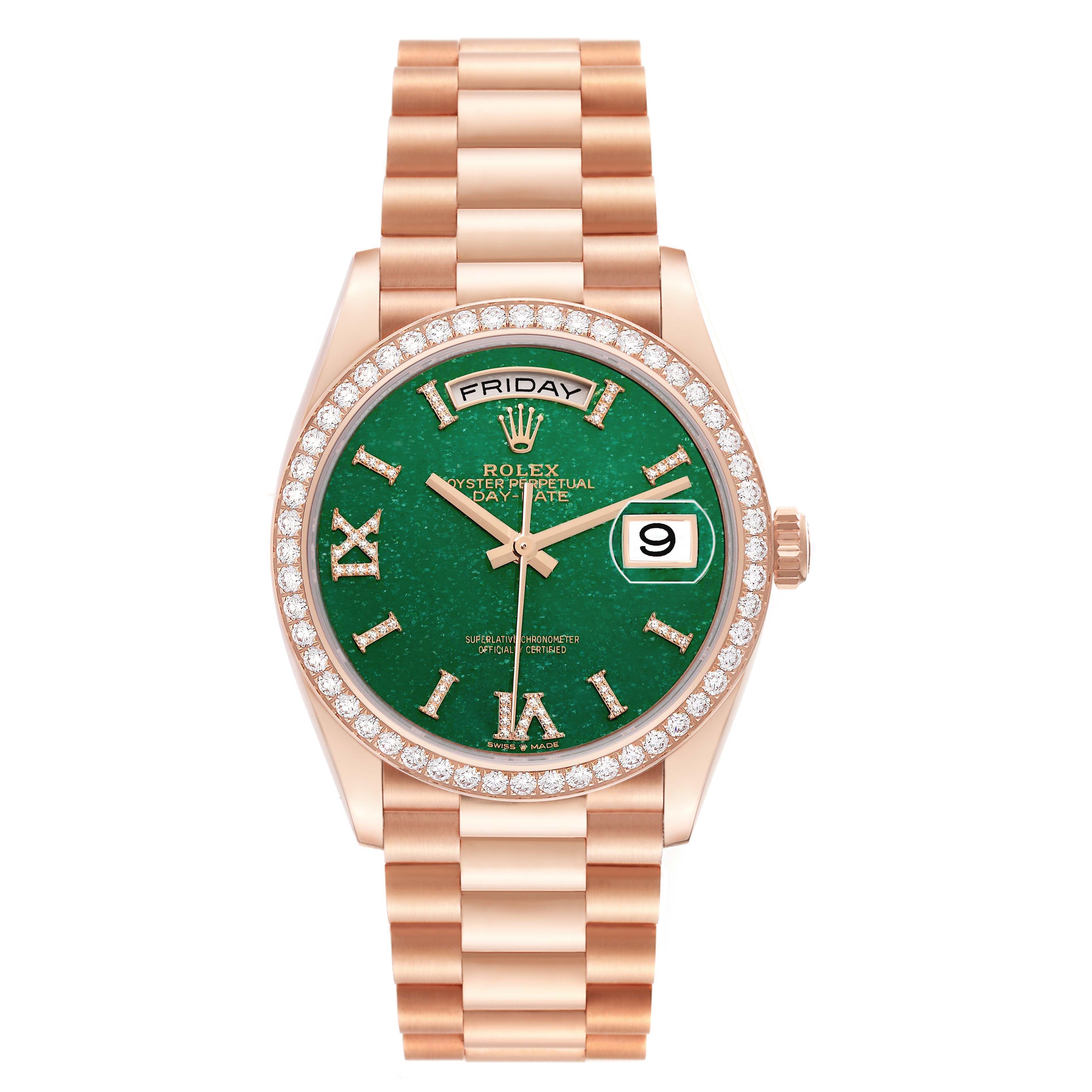 The Rolex President 128345 Men's Rose Gold Green Dial model watch is shown from a front angle, featuring its bracelet, green dial, day-date display, and diamond bezel.