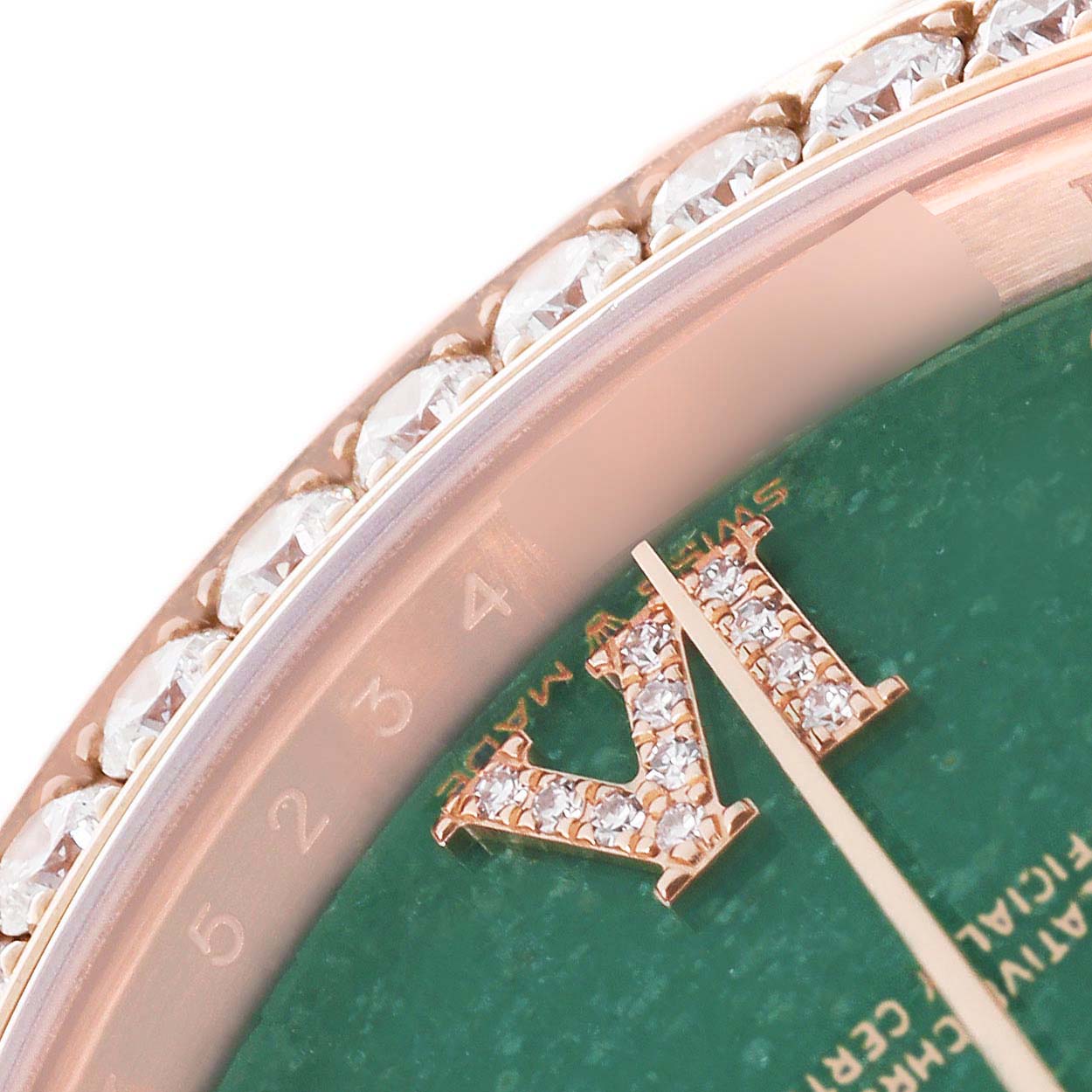 The image shows a close-up of the dial and diamond-encrusted bezel of a Rolex President 128345 Men's Rose Gold Green Dial model.