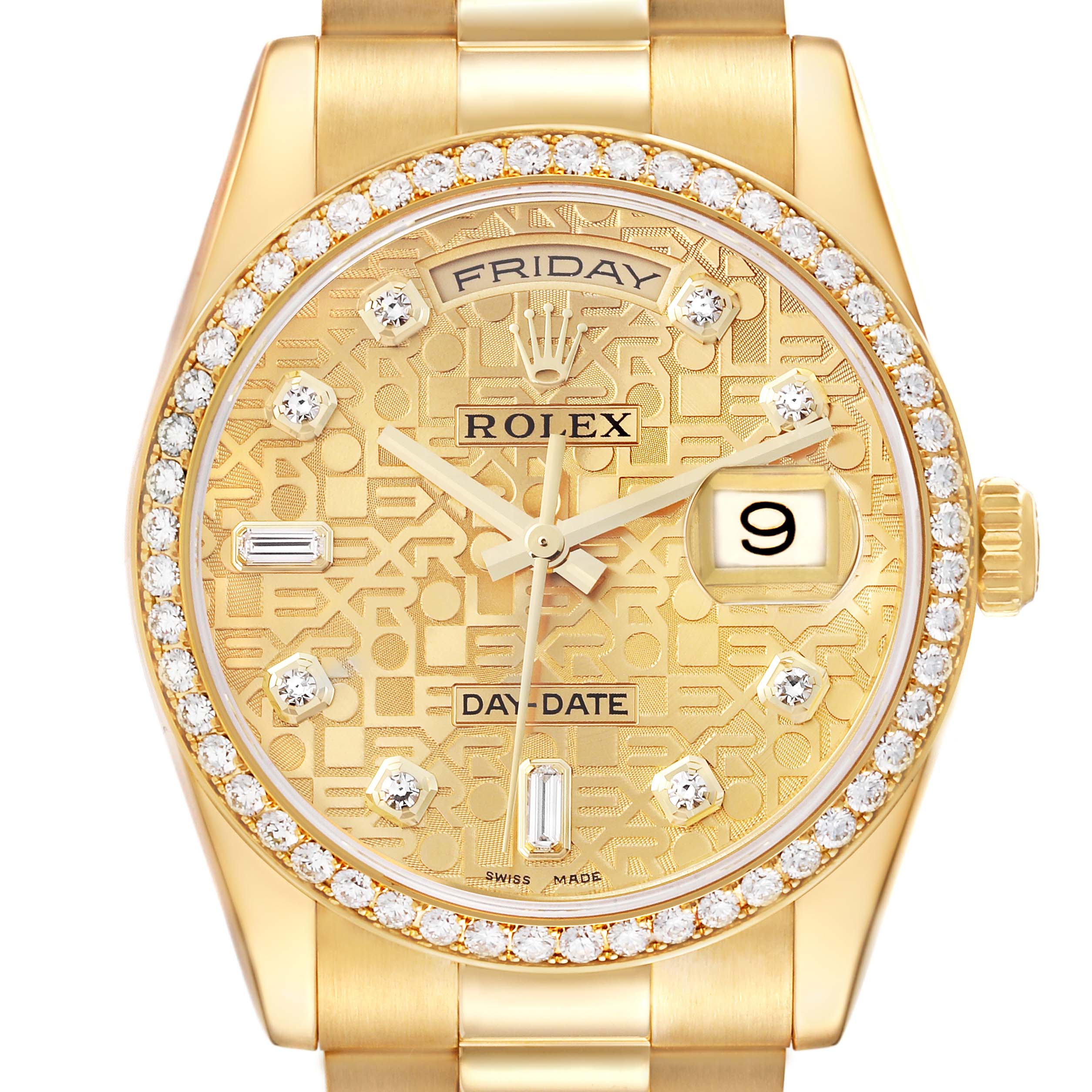 The Rolex President 118348 Men's Yellow Gold Champagne Dial 118348 Men's Yellow Gold Champagne Dial watch is shown from the front, displaying its dial, bezel, crown, and part of the bracelet.