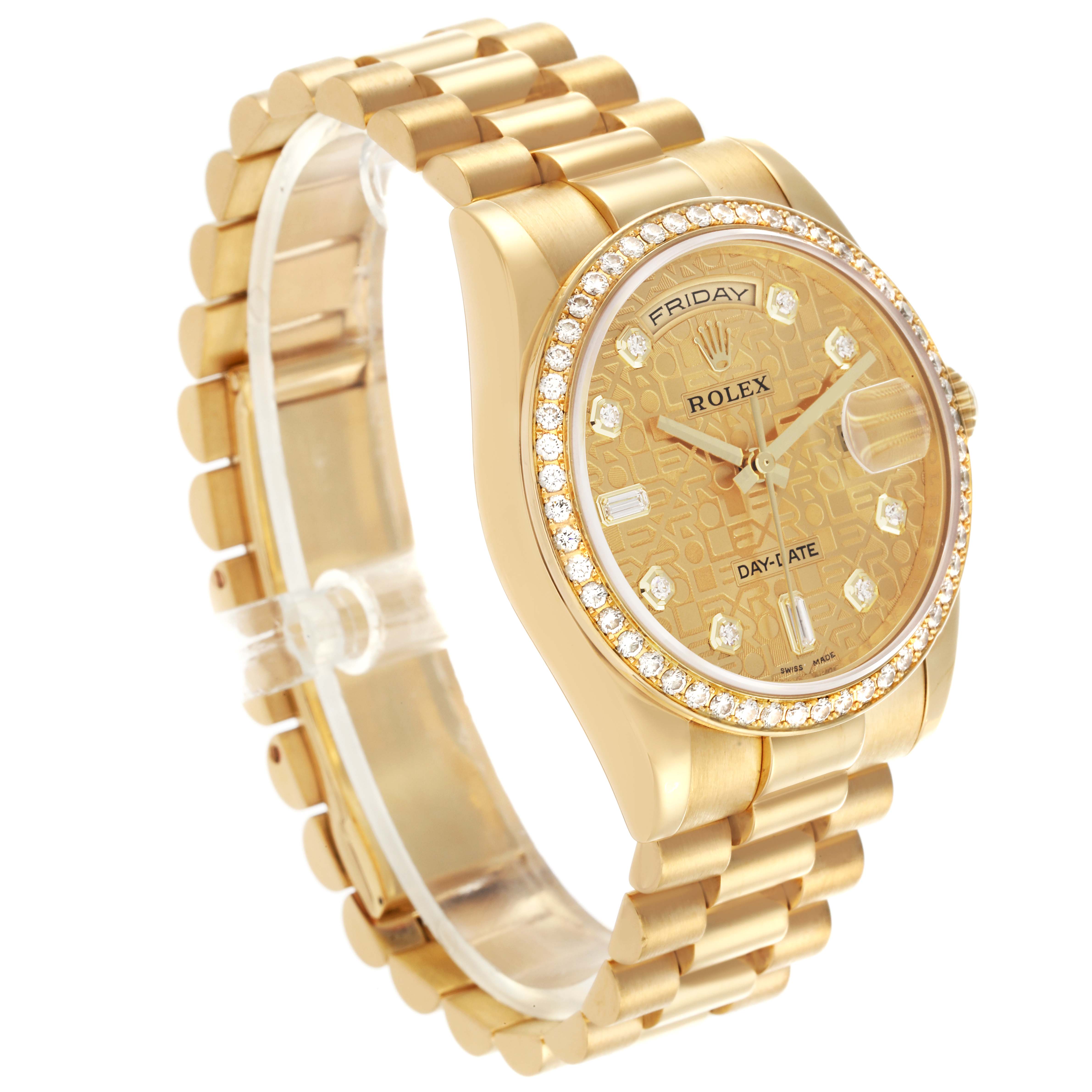 The Rolex President 118348 Men's Yellow Gold Champagne Dial 118348 Men's Yellow Gold Champagne Dial watch is shown at a three-quarter angle, highlighting the dial, bracelet, and diamond bezel.